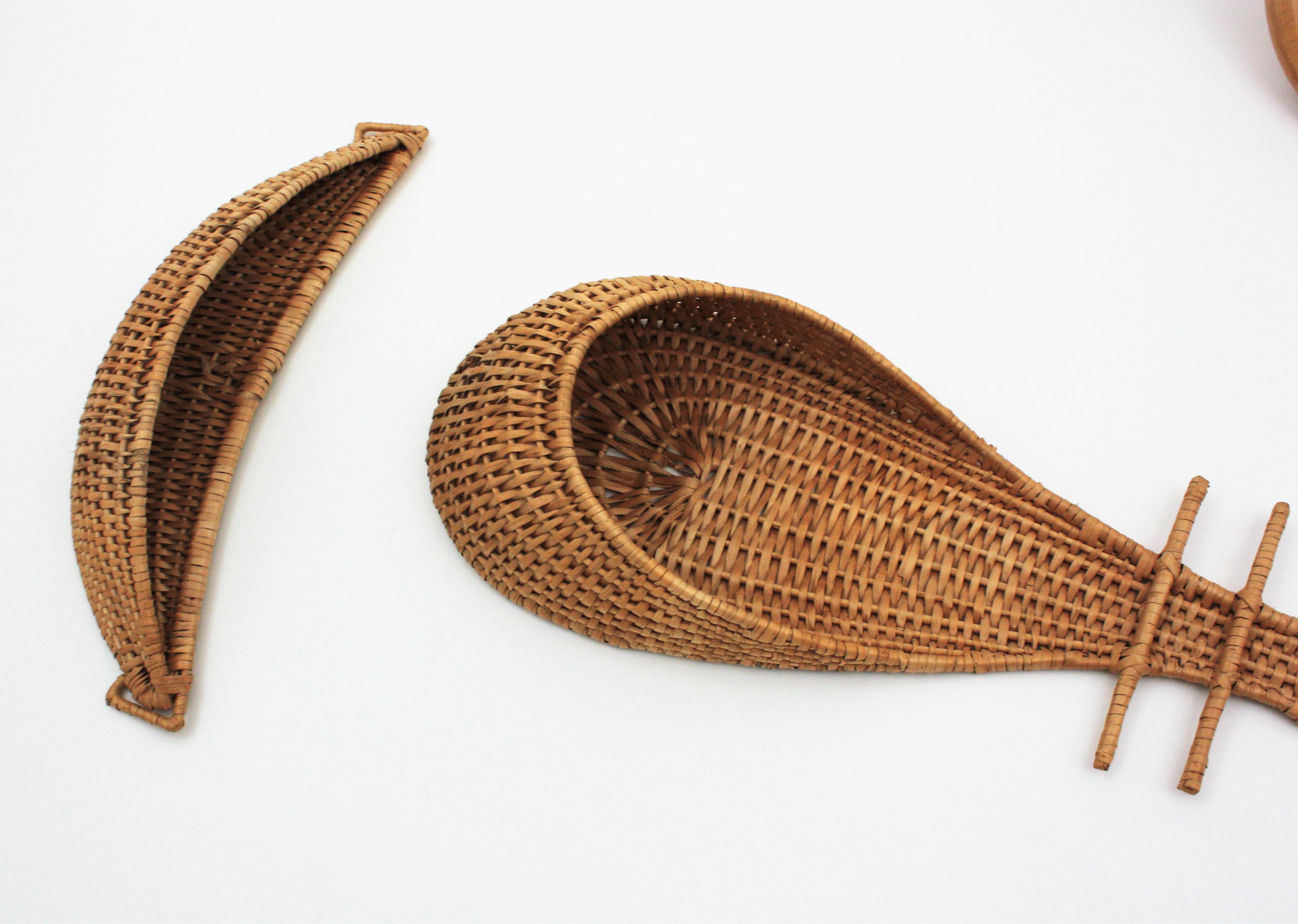 20th Century Rattan Bamboo Wicker Face Glasses Mirror Wall Decoration For Sale
