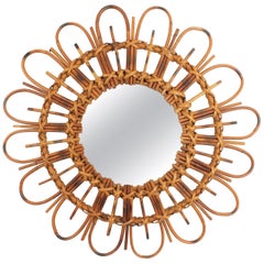 Vintage Rattan Bamboo Flower Shaped Sunburst Mirror, French Mediterranean Style, 1960s