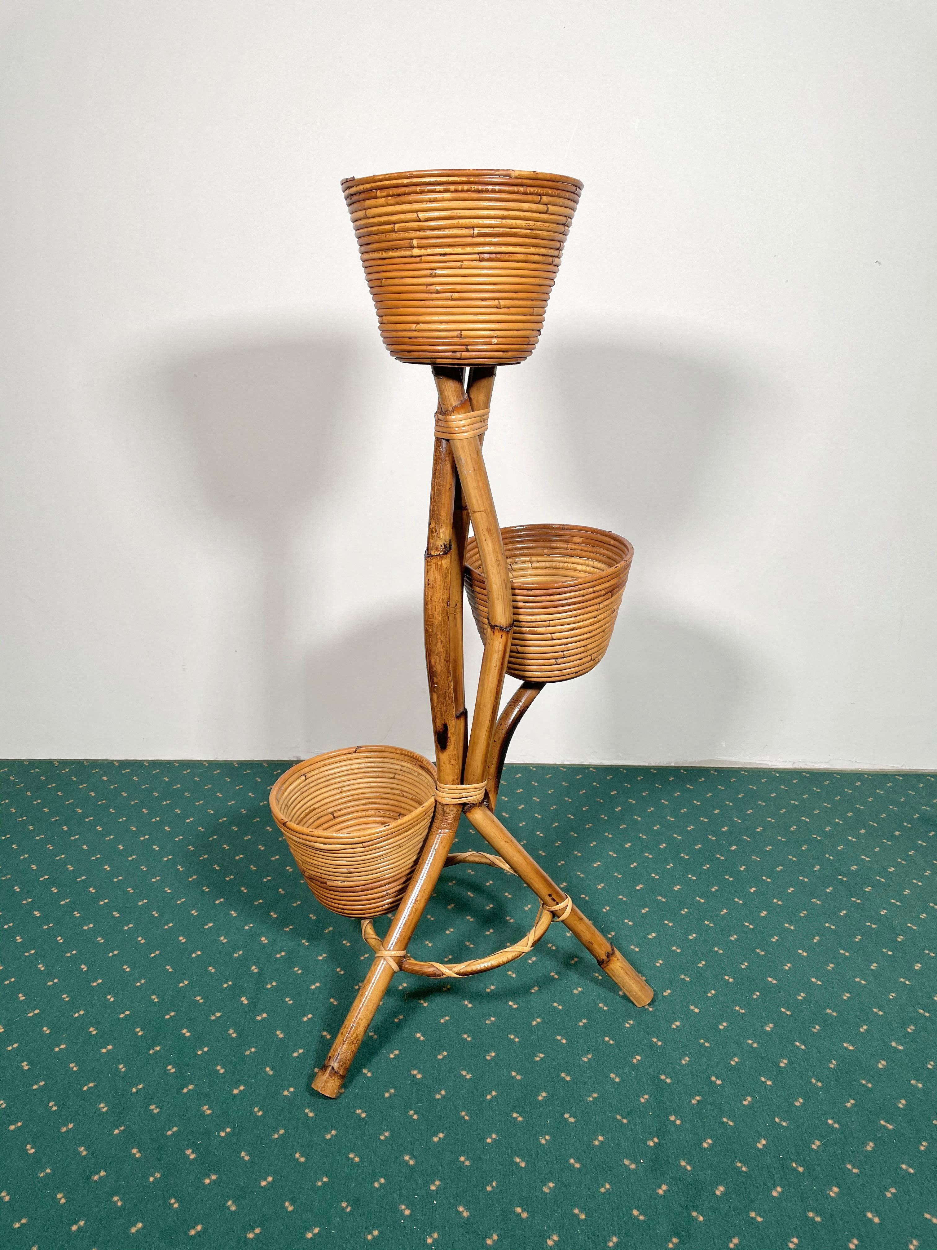 Mid-Century Modern Rattan and Bamboo Flower Stand and Vases, Italy, 1960s