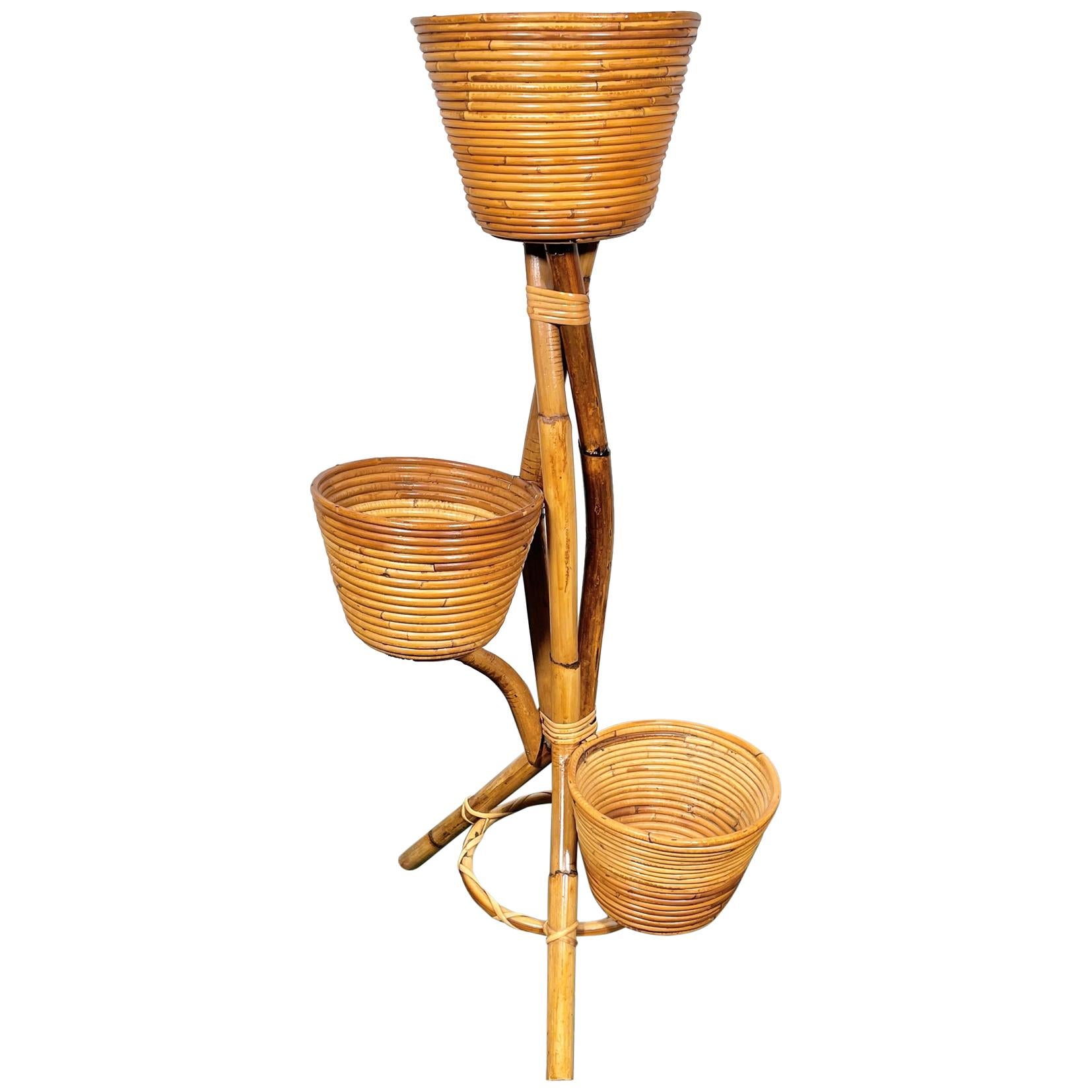 Rattan and Bamboo Flower Stand and Vases, Italy, 1960s