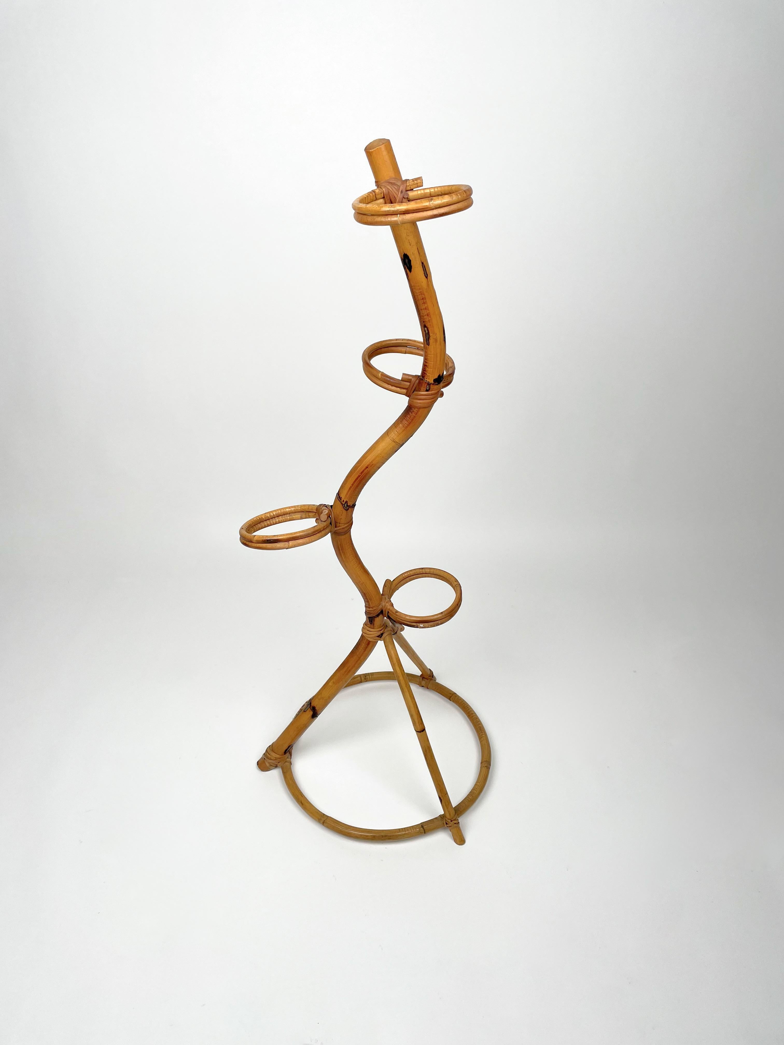 Mid-Century Modern Rattan & Bamboo Flower Stand Plant Holder Italy 1960s