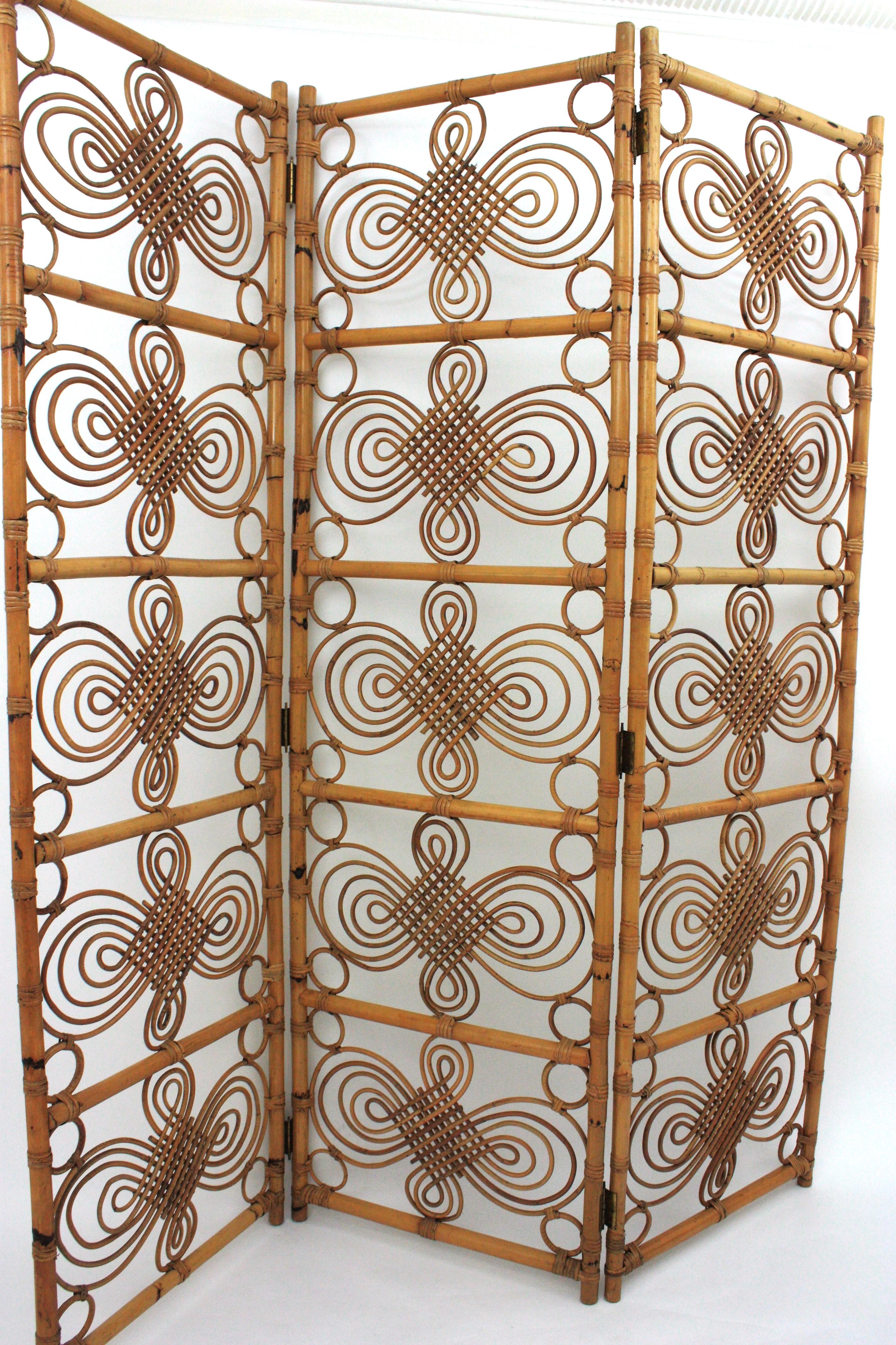 Spanish Rattan Bamboo Folding Screen Room Divider, 1960s For Sale