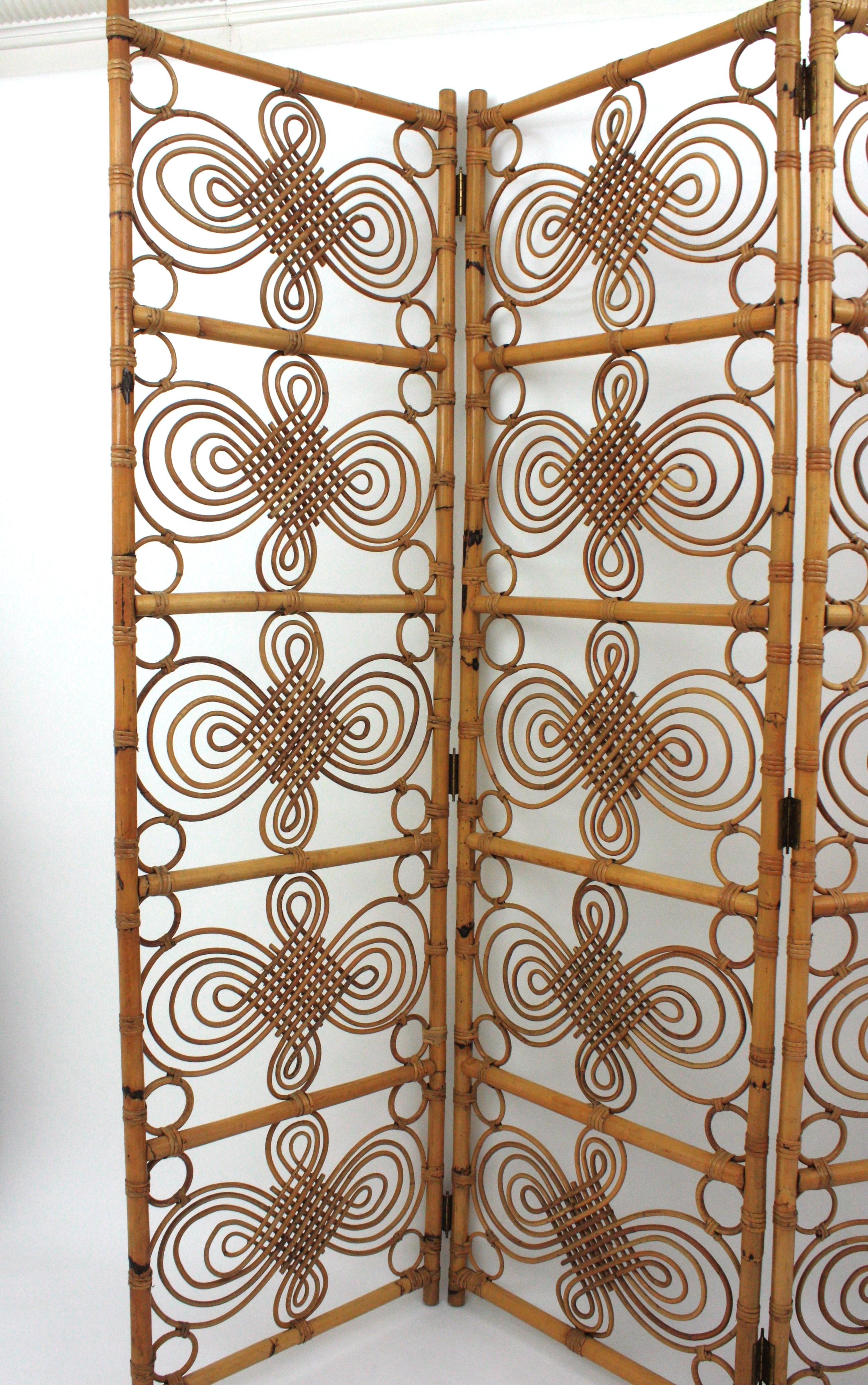 Hand-Crafted Rattan Bamboo Folding Screen Room Divider, 1960s For Sale