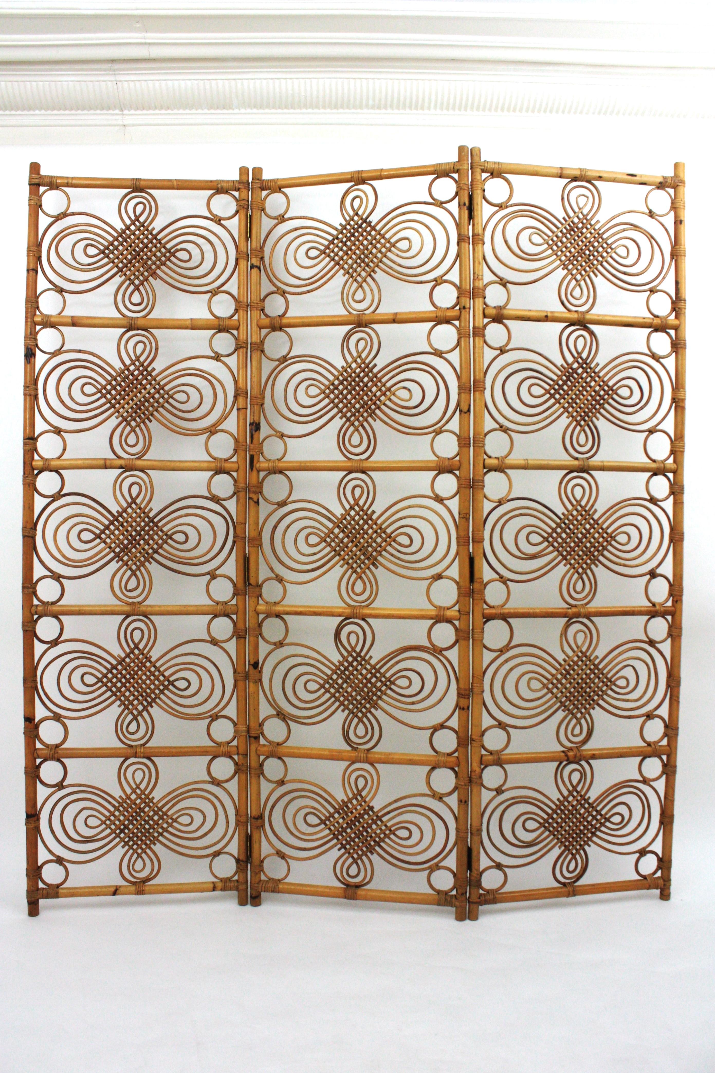 20th Century Rattan Bamboo Folding Screen Room Divider, 1960s For Sale