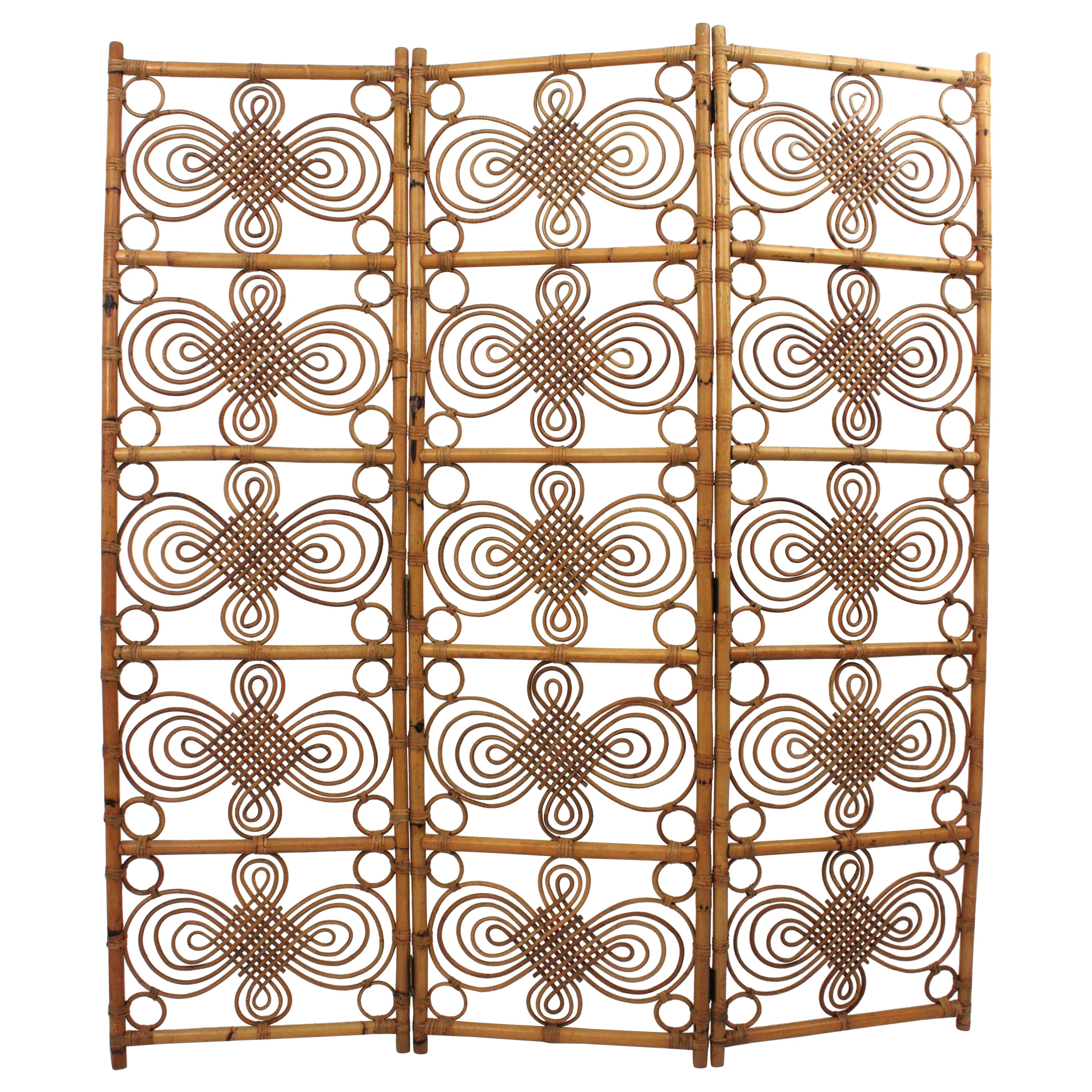 Rattan Bamboo Folding Screen Room Divider, 1960s