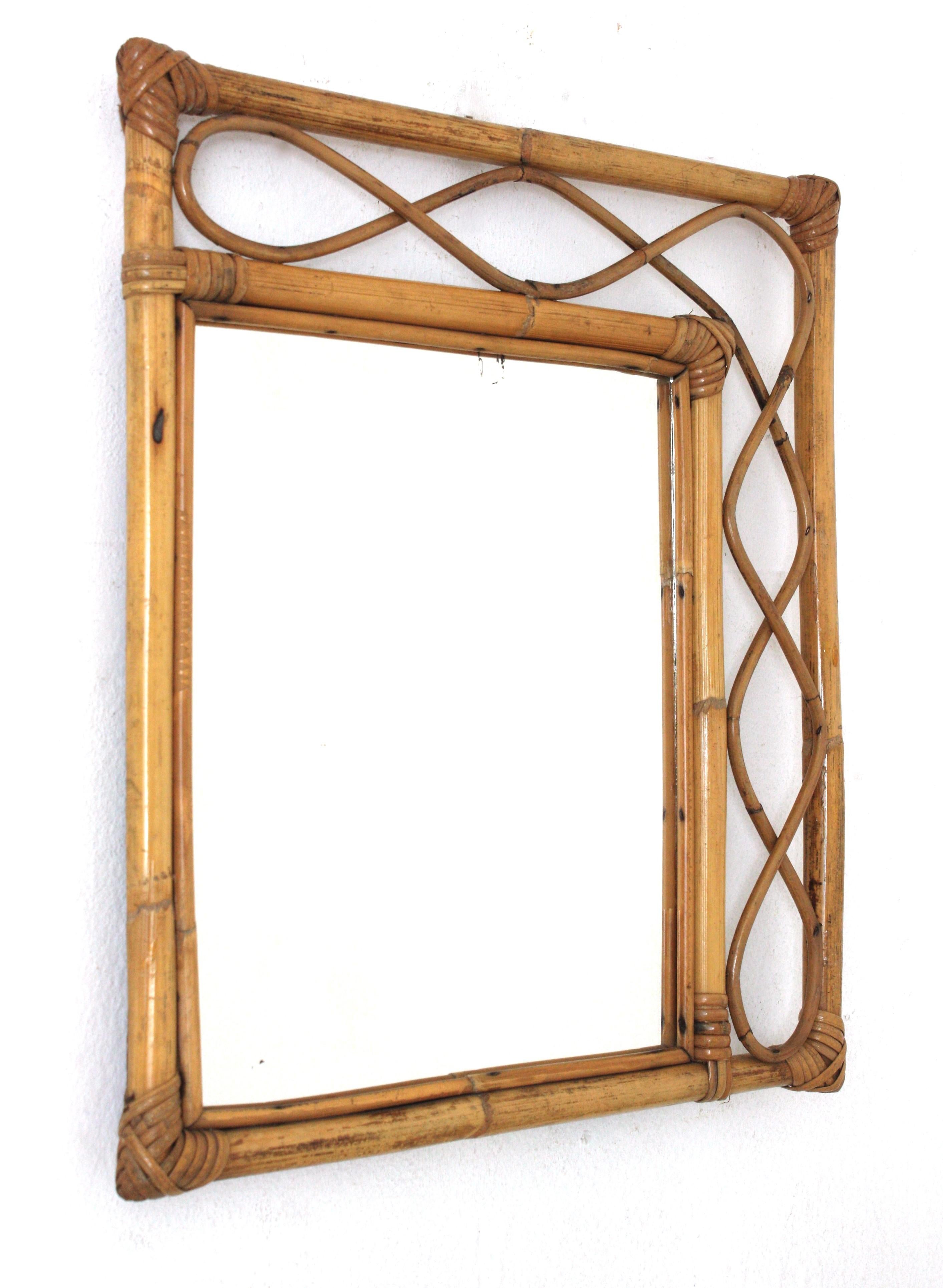 Mid-Century Modern Rattan Bamboo Franco Albini Style Asymmetric Rectangular Mirror For Sale