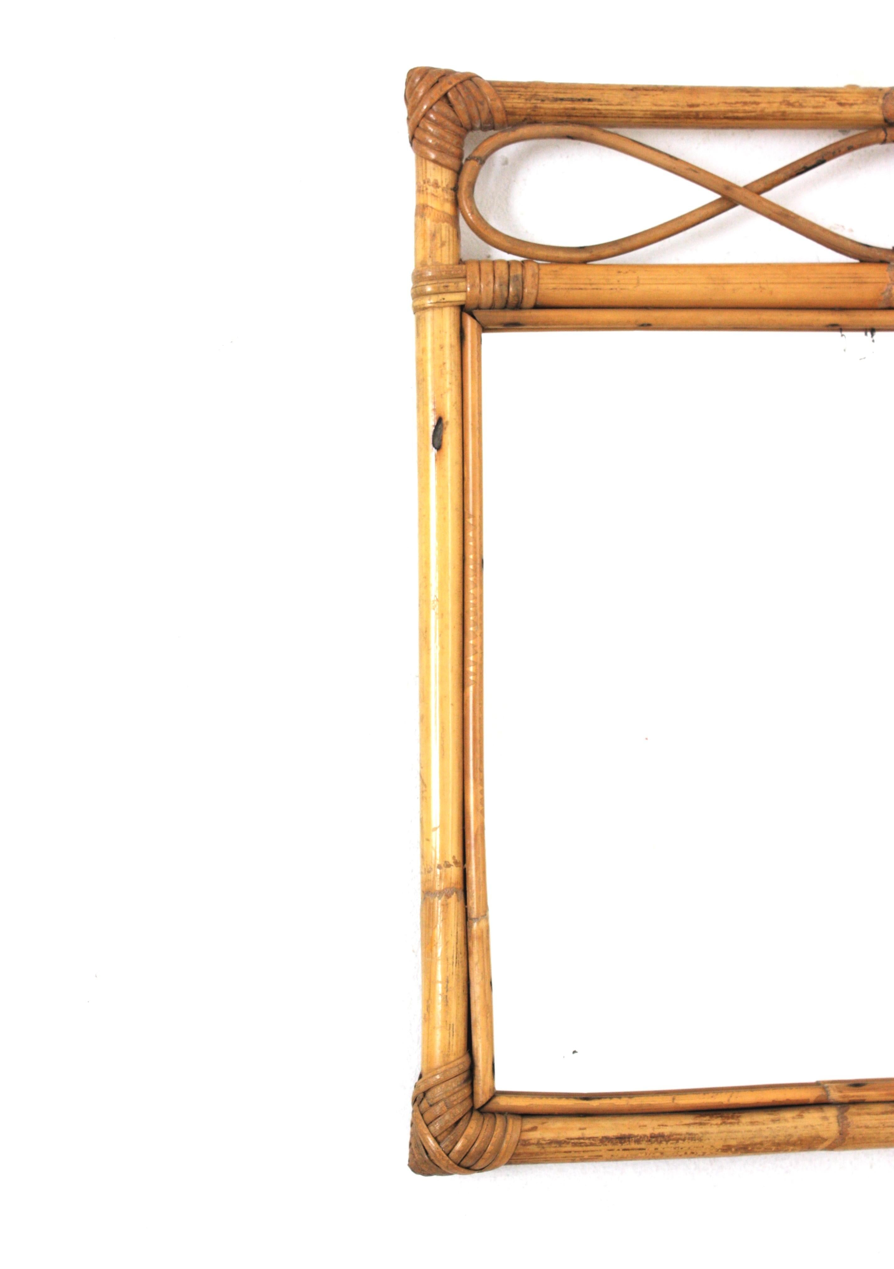 Italian Rattan Bamboo Franco Albini Style Asymmetric Rectangular Mirror For Sale