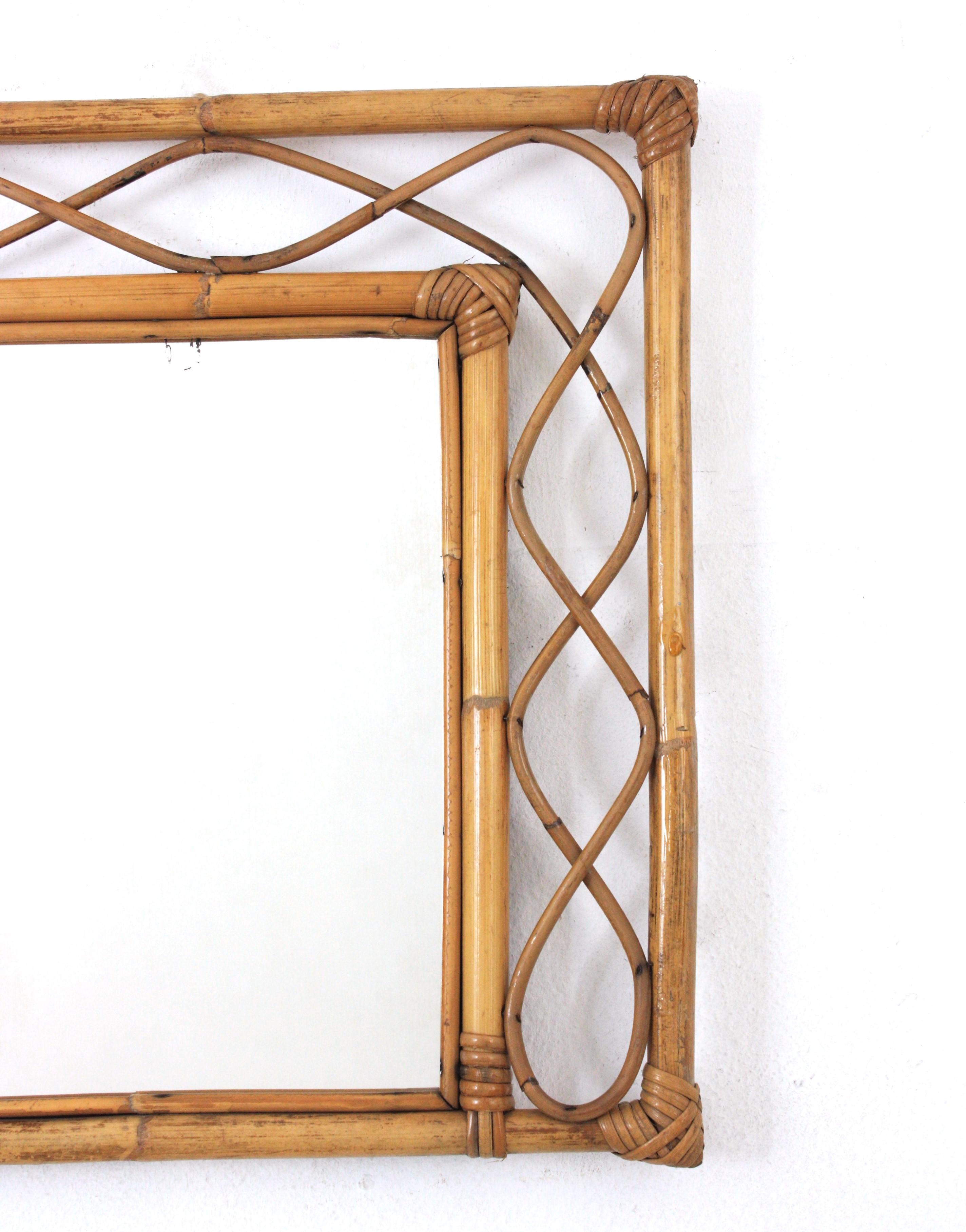Hand-Crafted Rattan Bamboo Franco Albini Style Asymmetric Rectangular Mirror For Sale