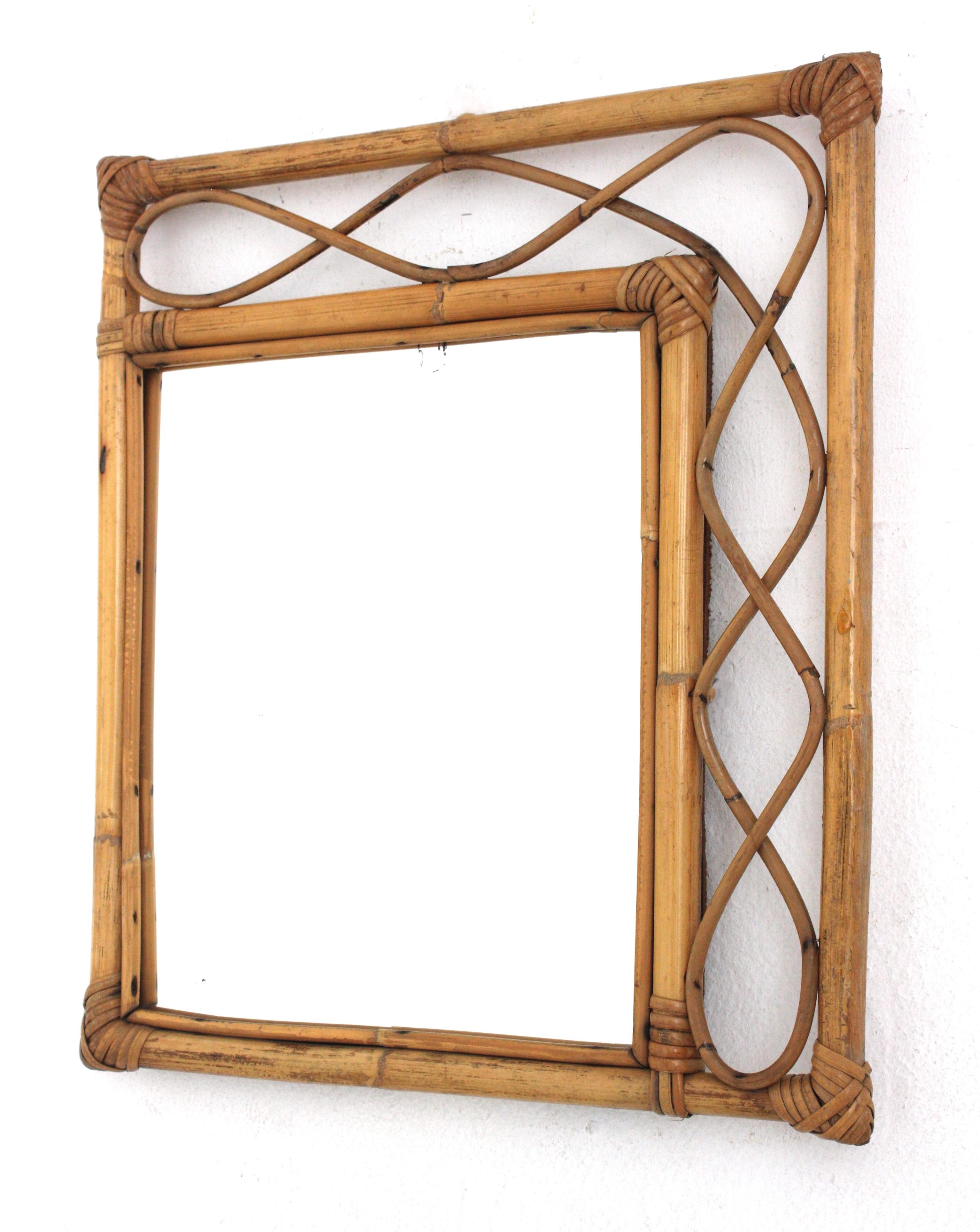 Rattan Bamboo Franco Albini Style Asymmetric Rectangular Mirror For Sale 1