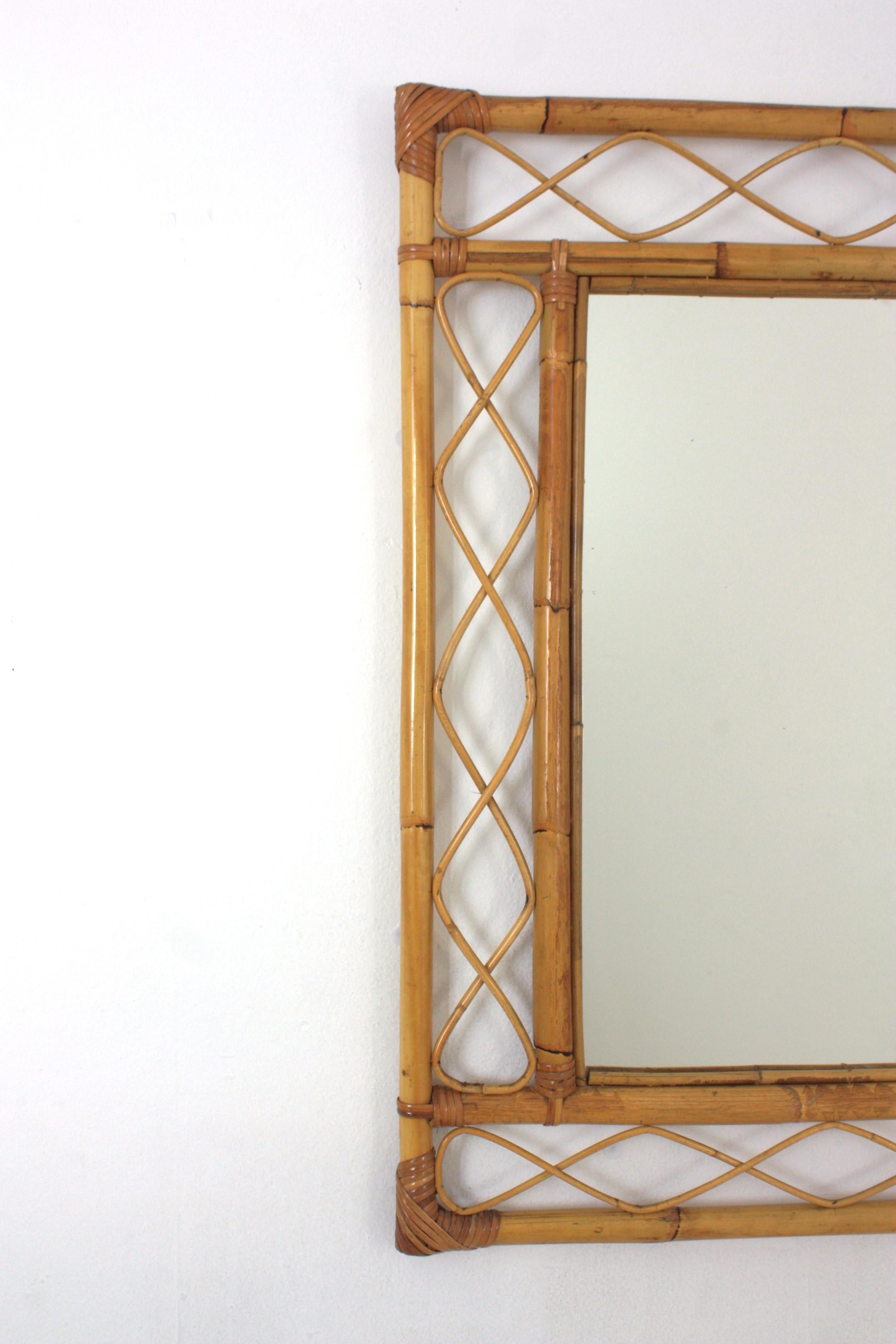 Italian Rattan Bamboo Franco Albini Style Rectangular Mirror, 1960s  For Sale