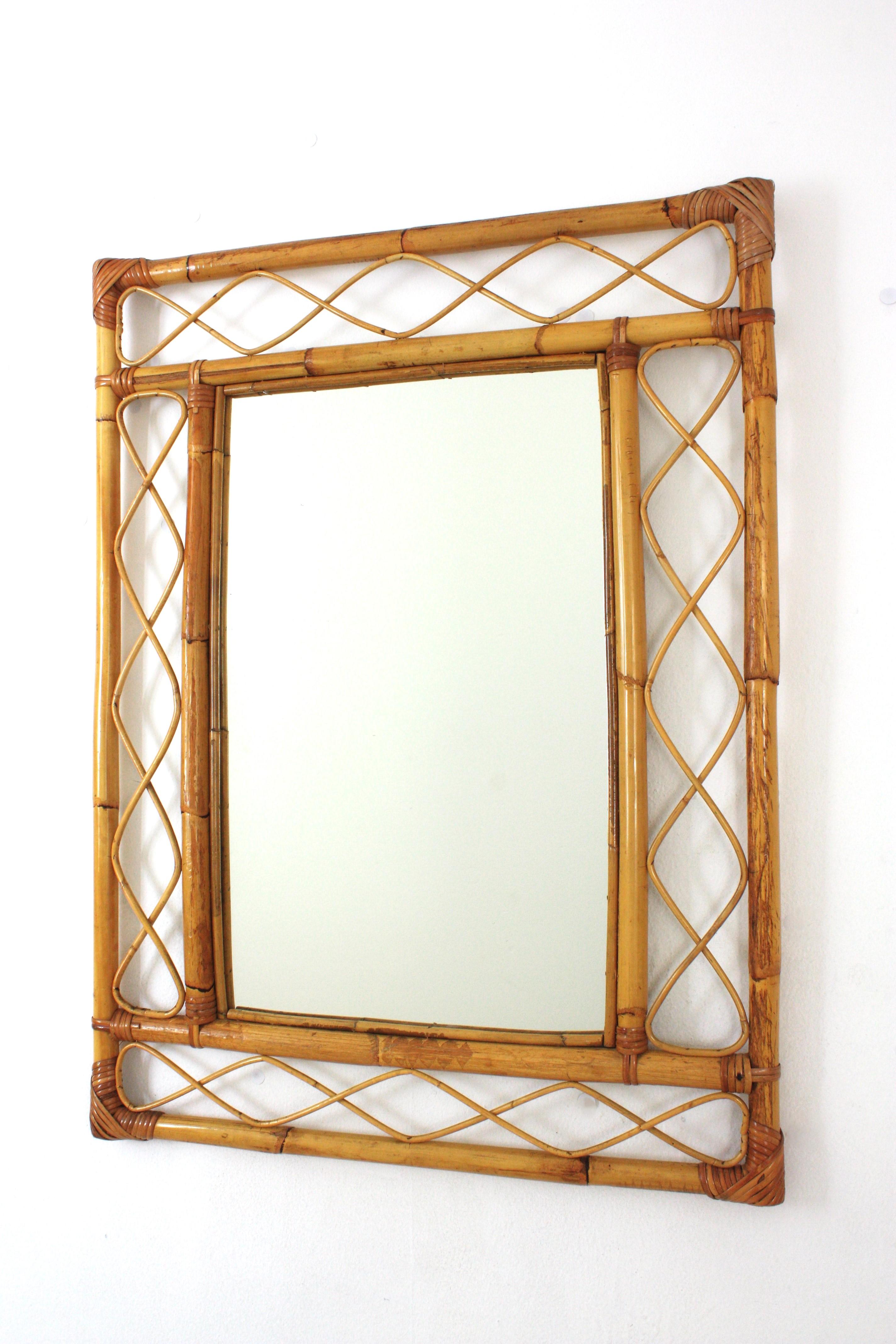 Rattan Bamboo Franco Albini Style Rectangular Mirror, 1960s  For Sale 1