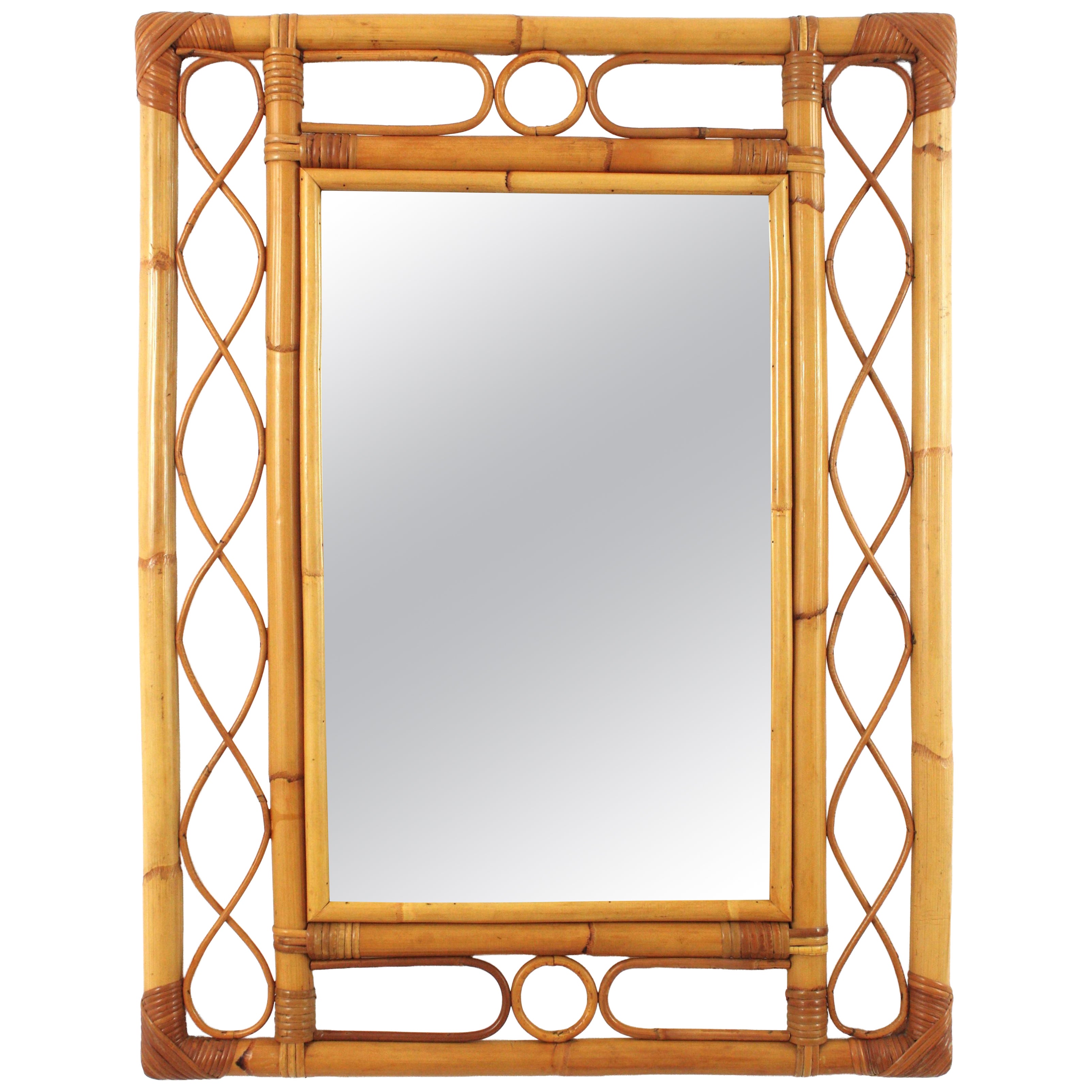 Rattan Bamboo Franco Albini Style Rectangular Mirror, 1960s For Sale