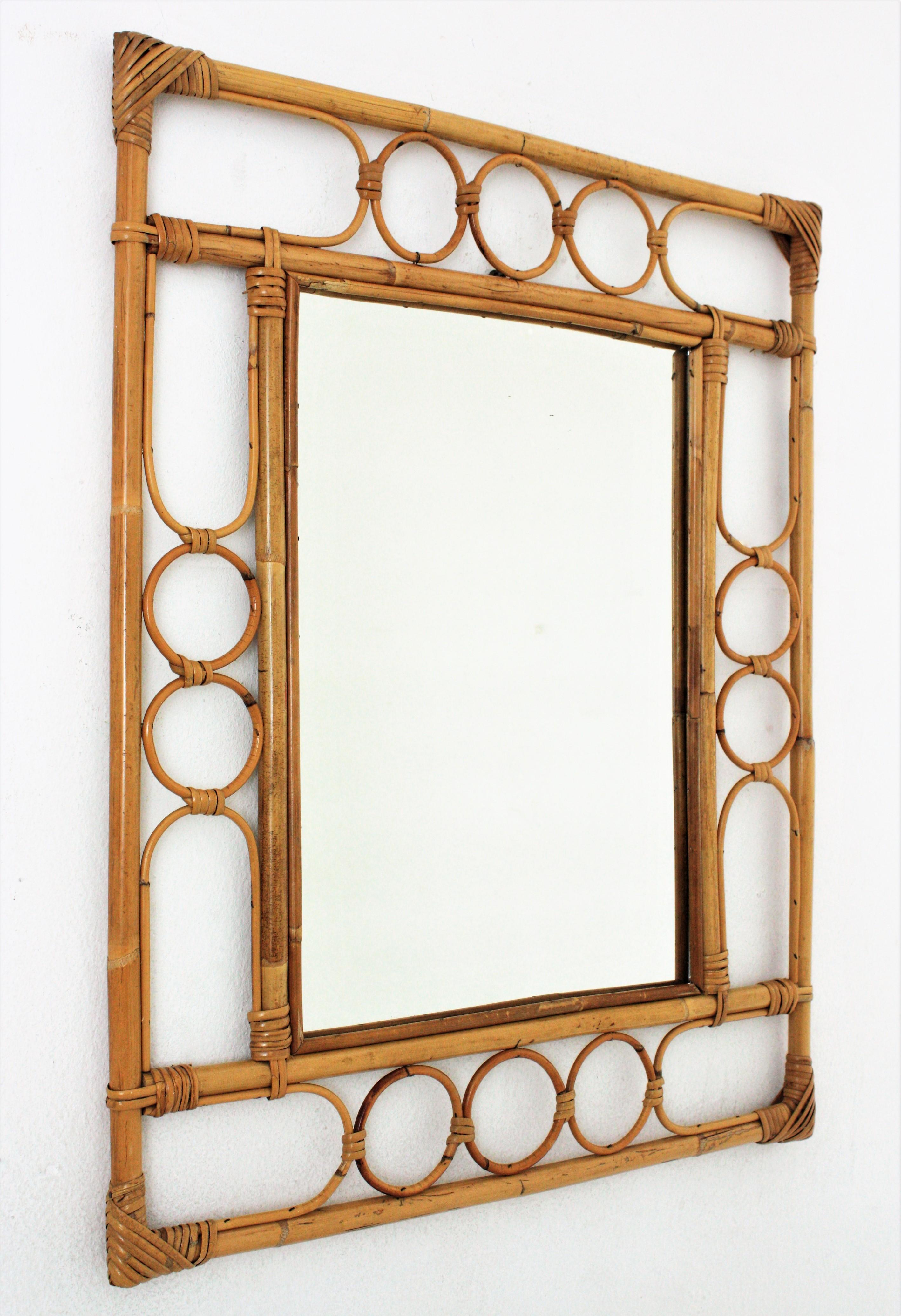 Mid-Century Modern Rattan Bamboo Franco Albini Style Rectangular Mirror For Sale