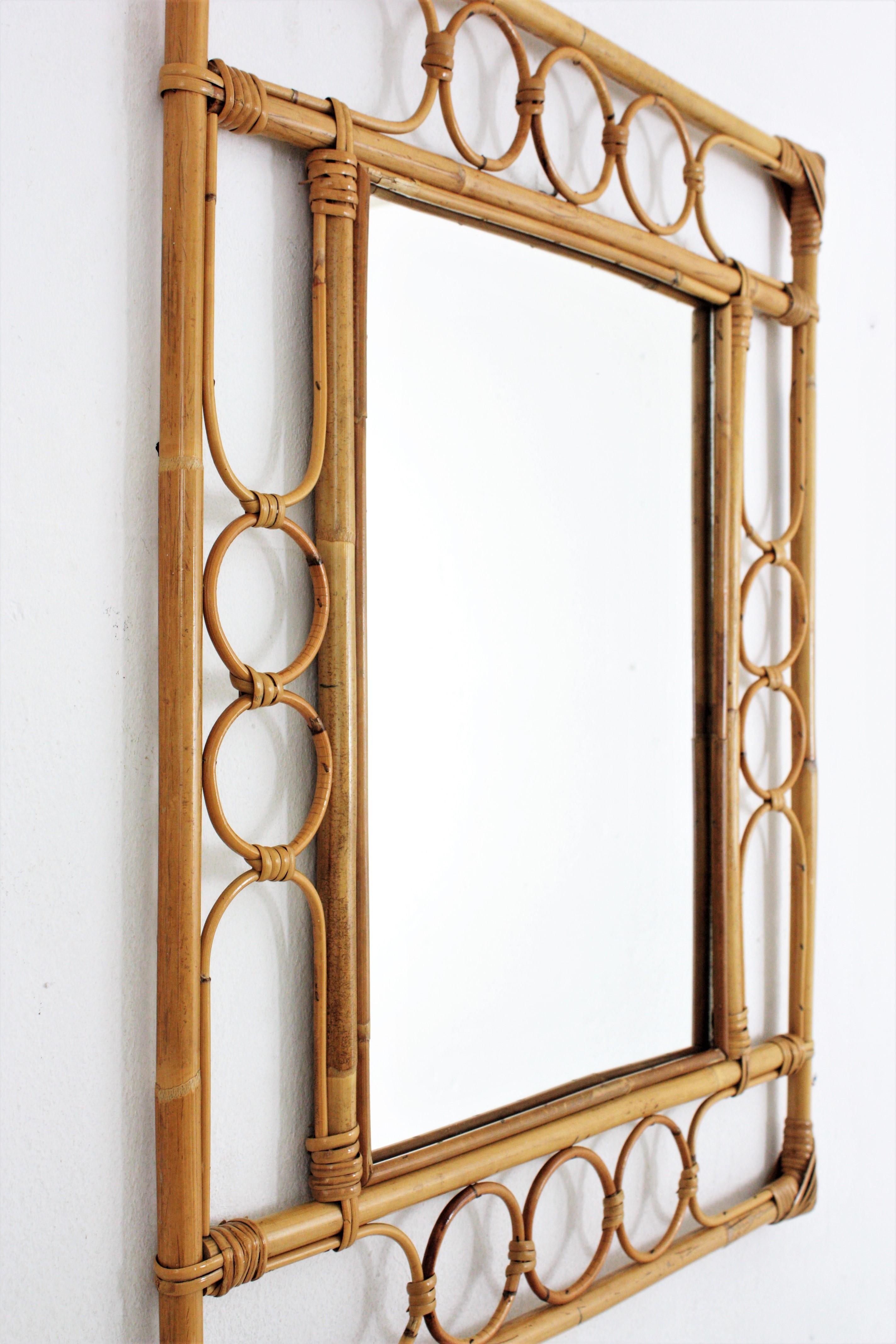 Italian Rattan Bamboo Franco Albini Style Rectangular Mirror For Sale