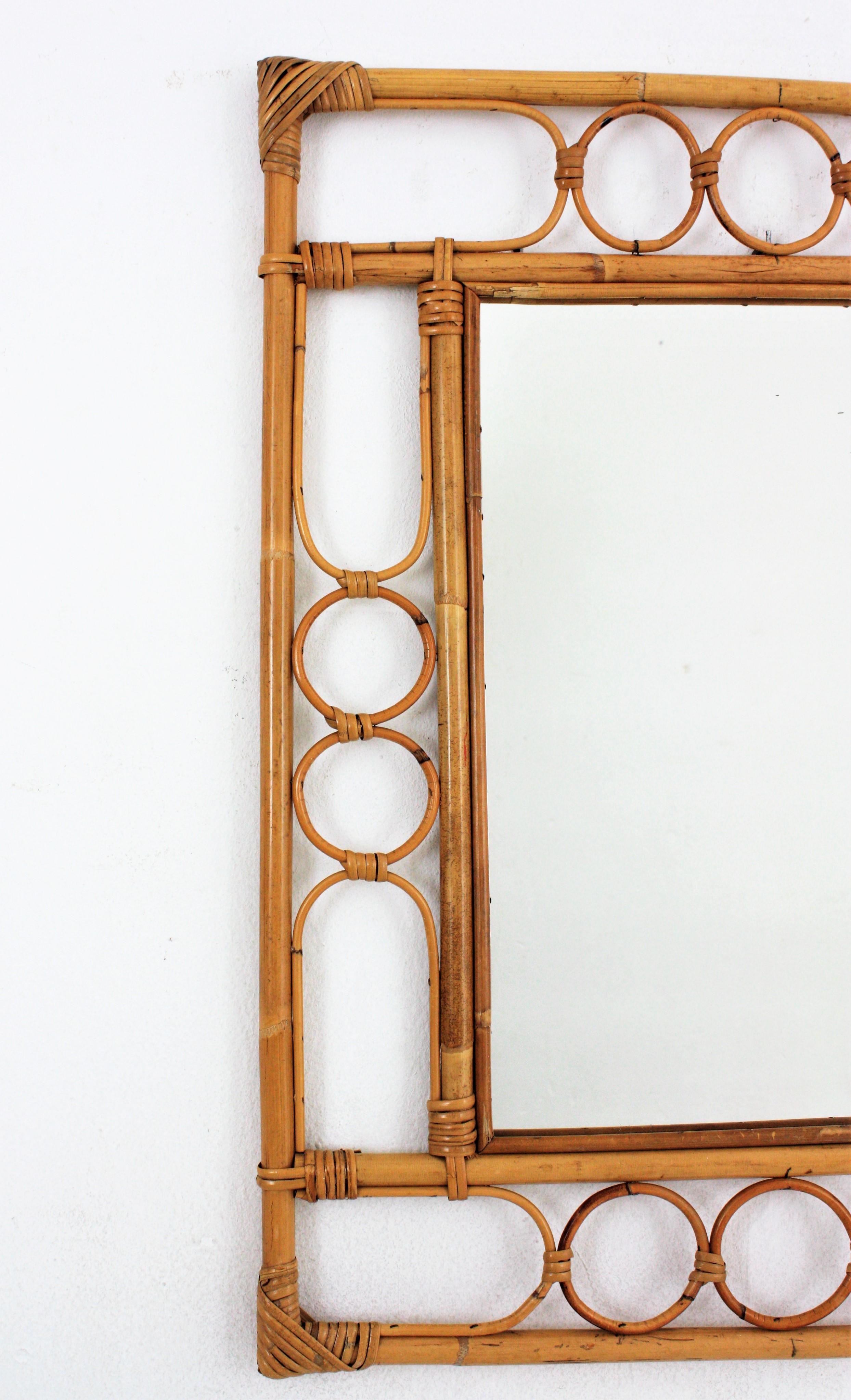 Hand-Crafted Rattan Bamboo Franco Albini Style Rectangular Mirror For Sale