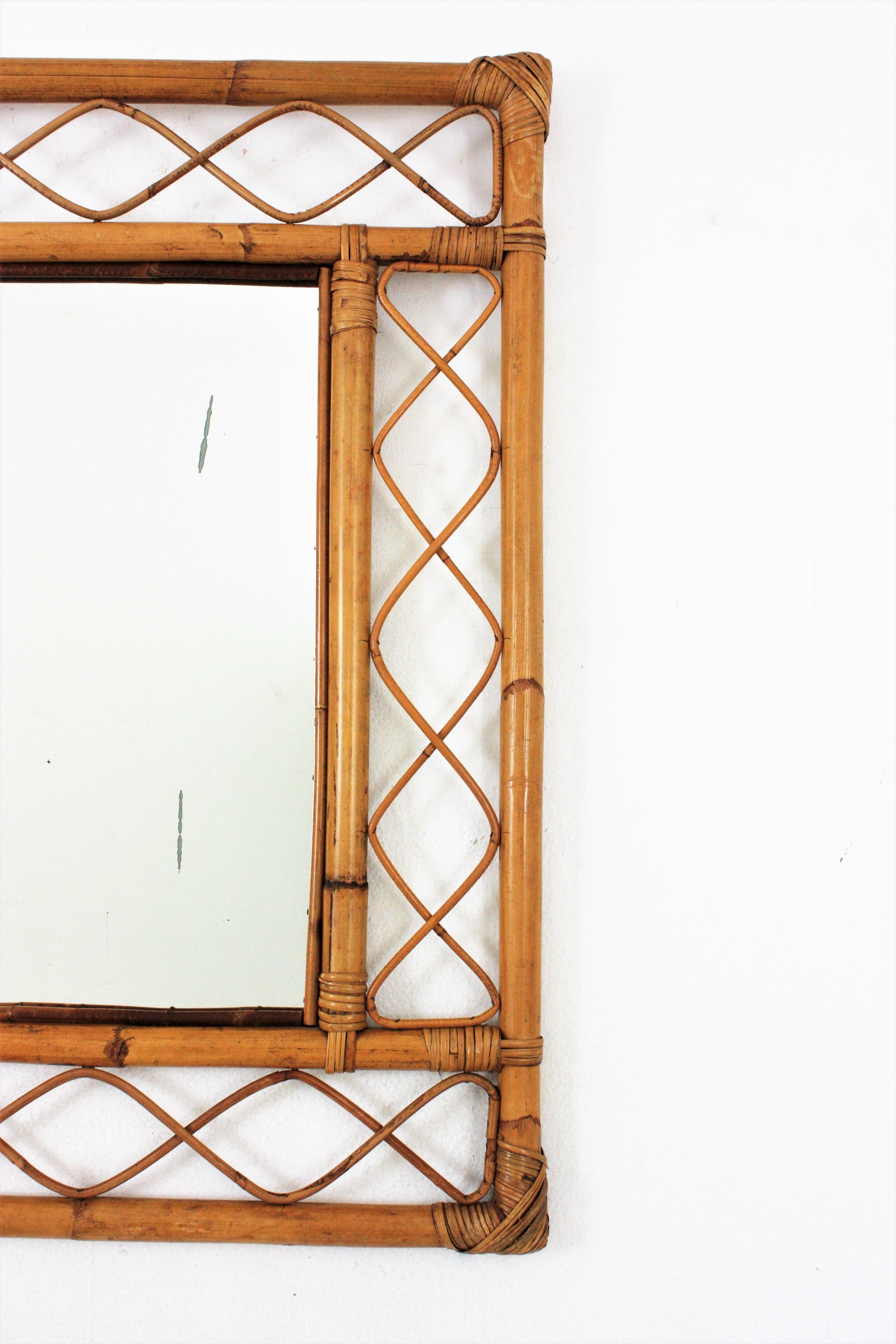 Mid-Century Modern Rattan Bamboo Franco Albini Style Rectangular Mirror
