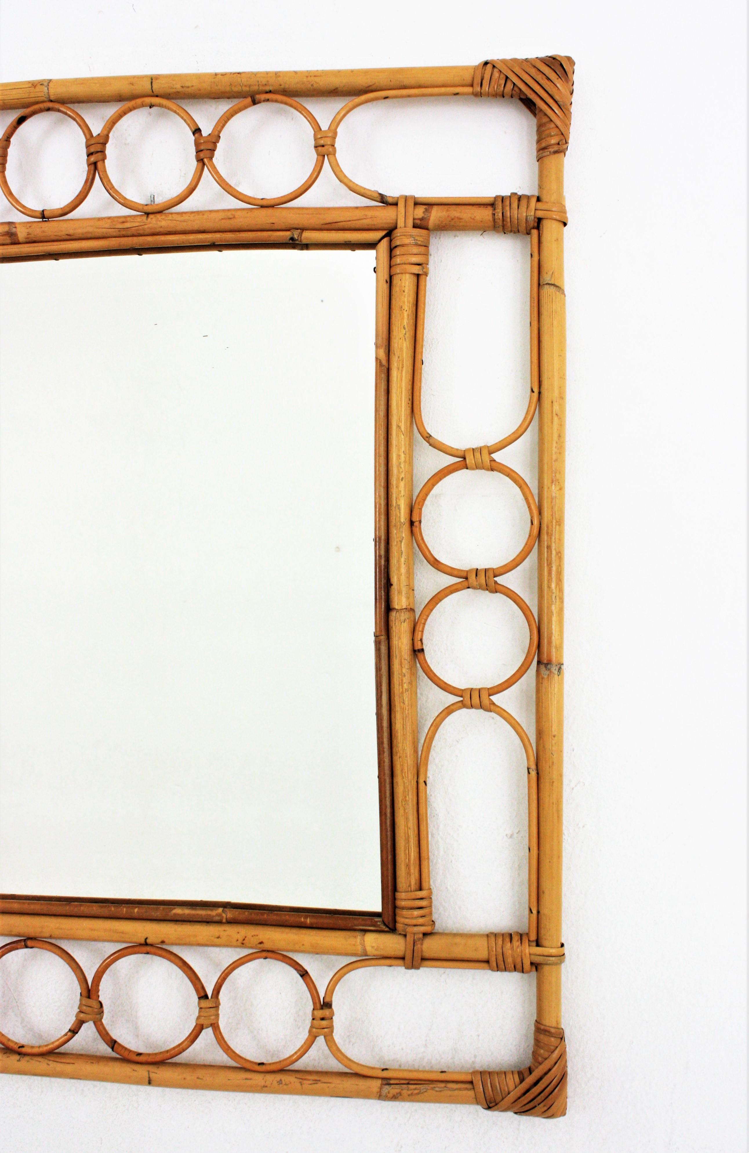Mid-Century Modern Miroir rectangulaire en rotin et bambou de style Franco Albini en vente