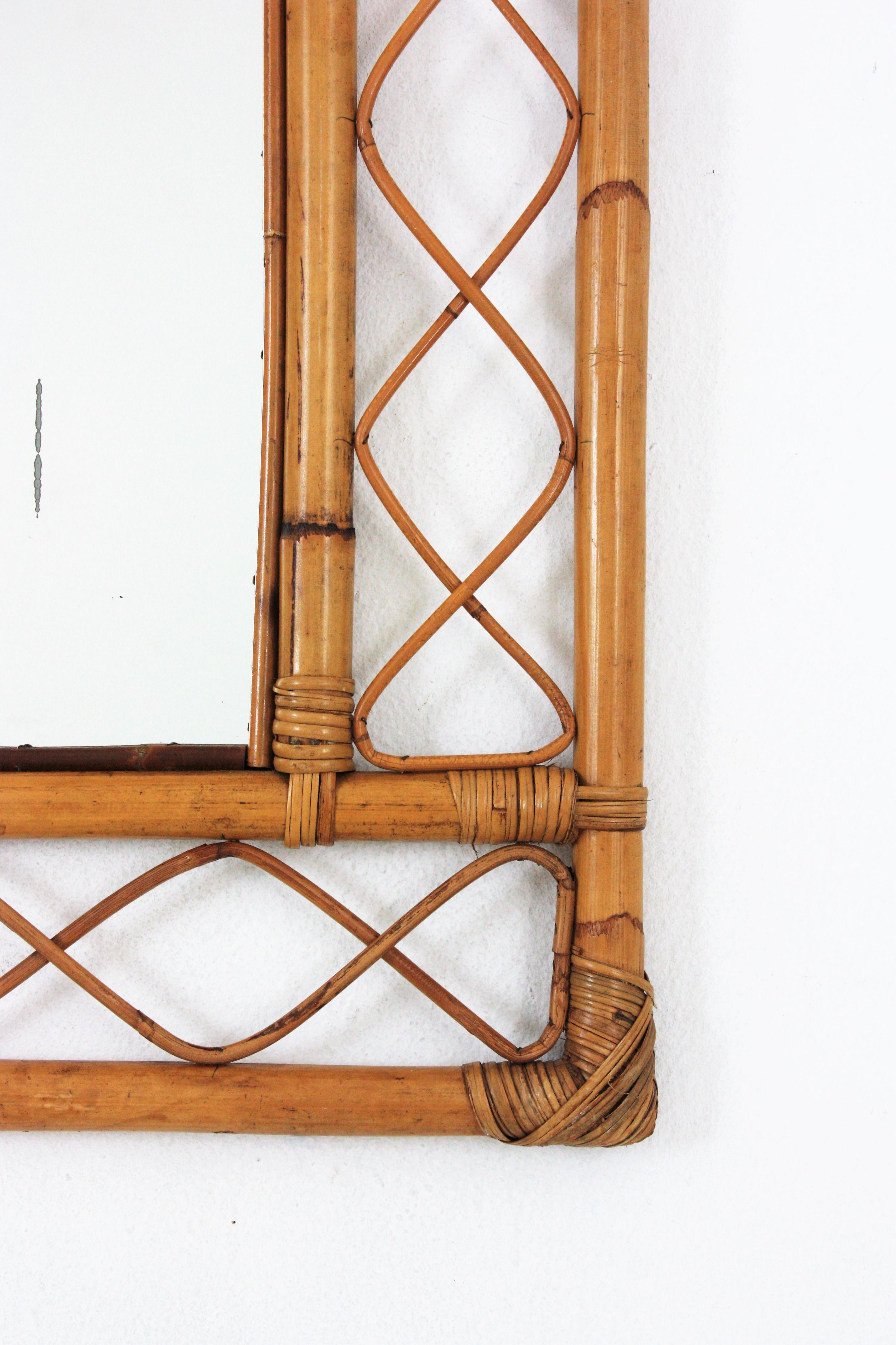 French Rattan Bamboo Franco Albini Style Rectangular Mirror
