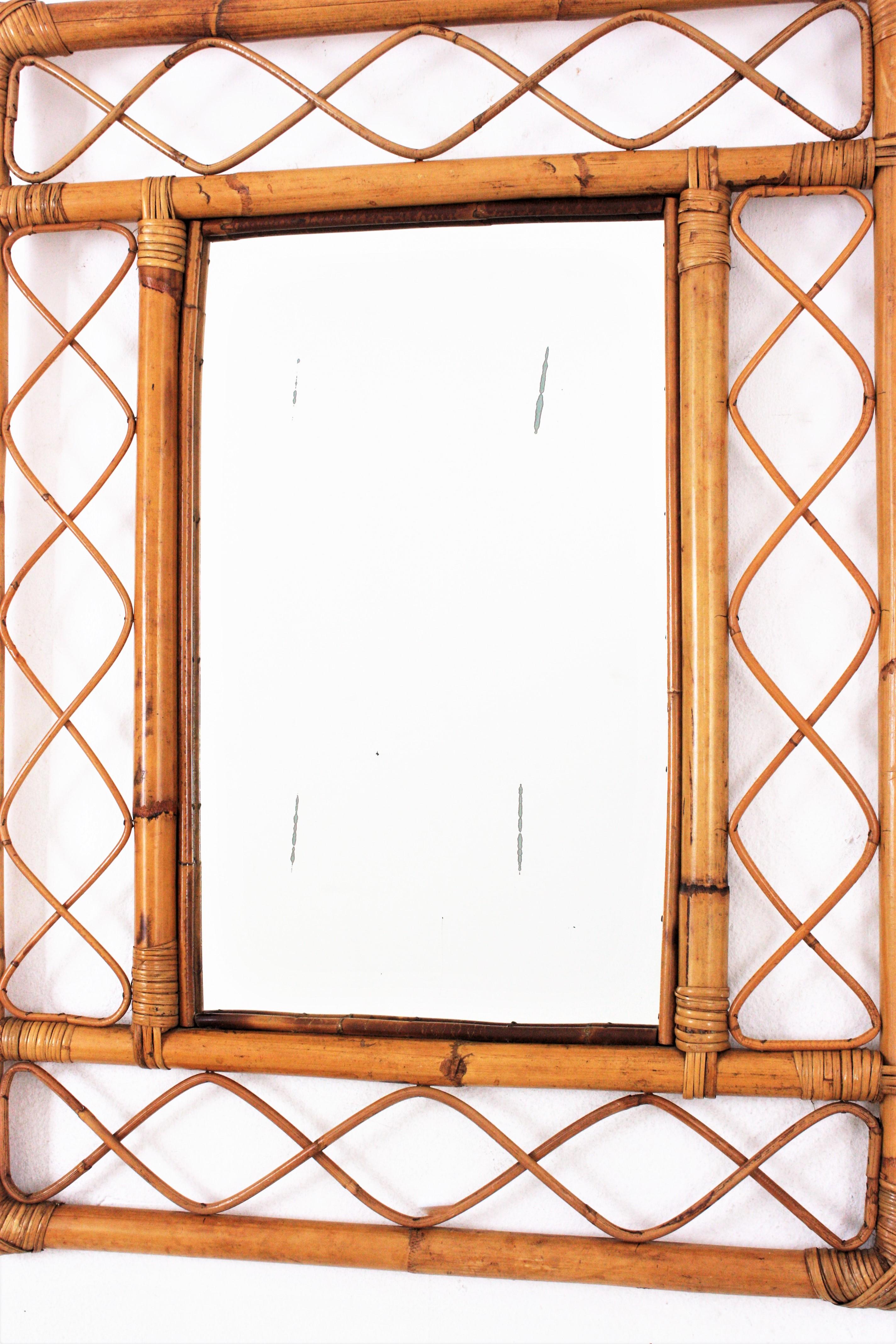 Rattan Bamboo Franco Albini Style Rectangular Mirror In Good Condition In Barcelona, ES