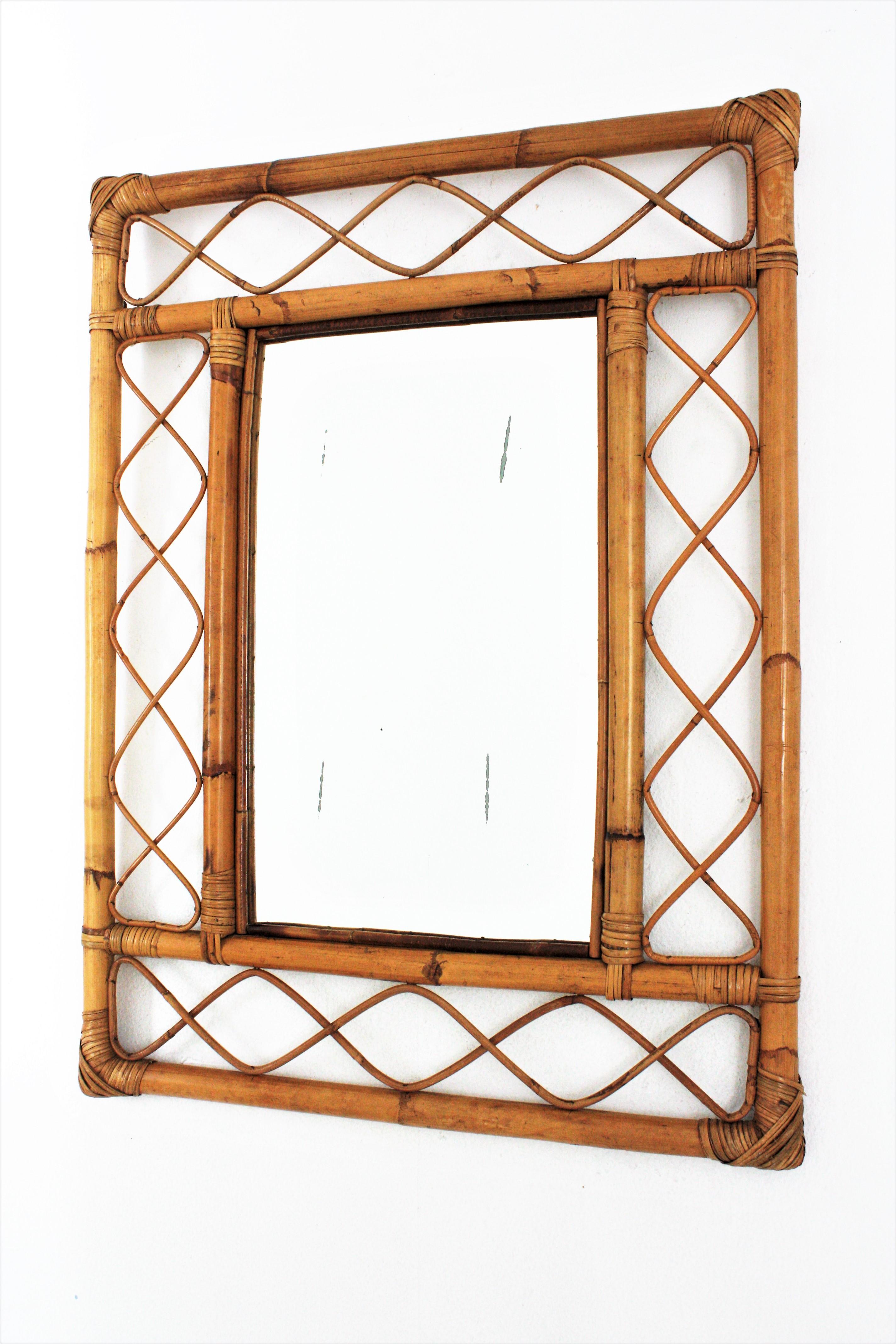 20th Century Rattan Bamboo Franco Albini Style Rectangular Mirror
