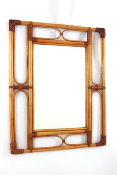 Rattan Bamboo Franco Albini Style Rectangular Mirror, Italy 1960s