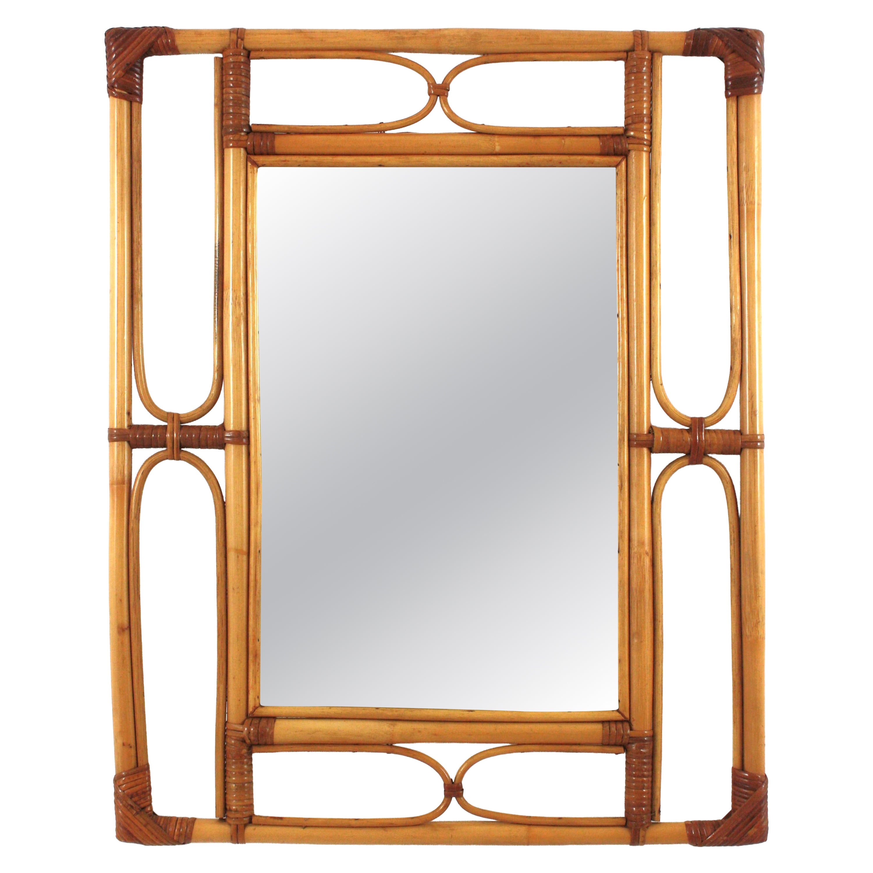 Rattan Bamboo Franco Albini Style Rectangular Mirror, Italy 1960s For Sale
