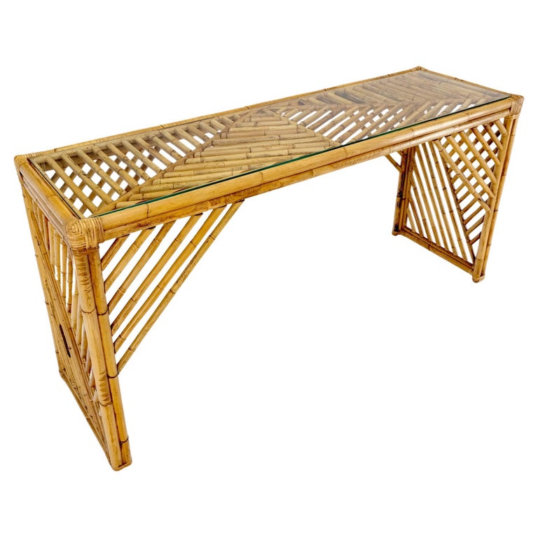 Rattan Bamboo Glass Top Console Sofa Table For Sale