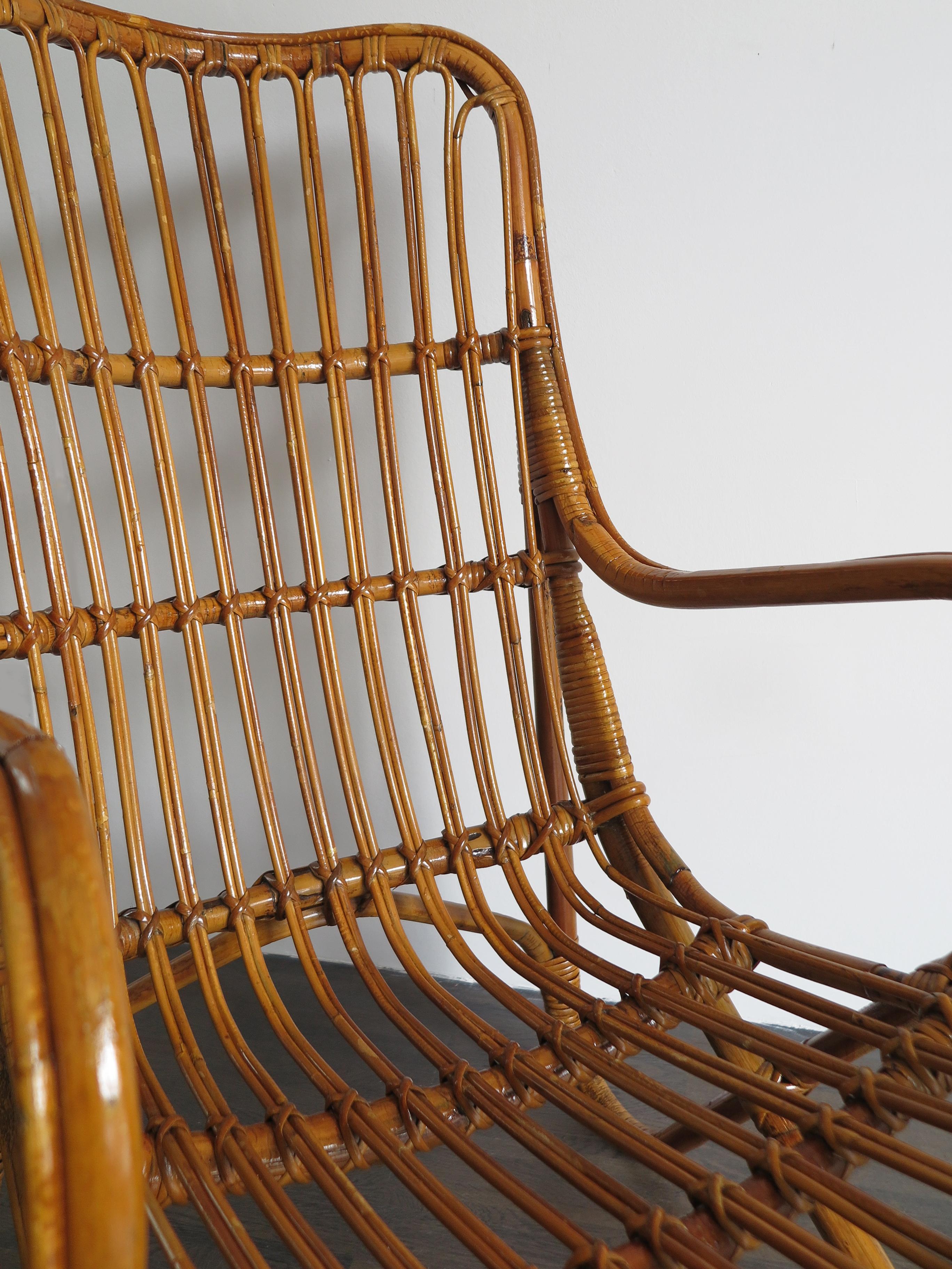 Rattan Bamboo Italian Armchairs, Tito Agnoli Bonacina Style, 1950s 8