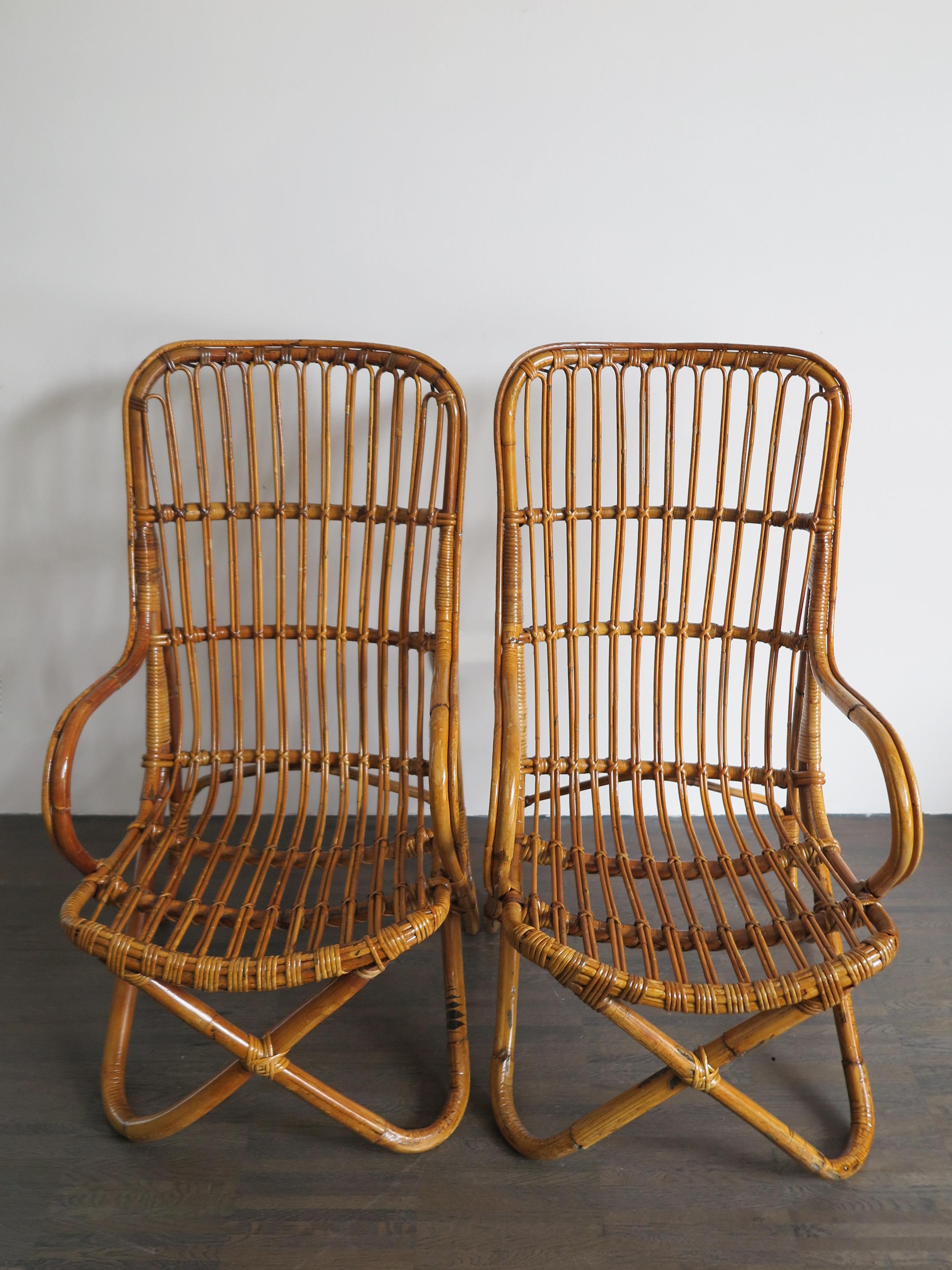 Mid-Century Modern Rattan Bamboo Italian Armchairs, Tito Agnoli Bonacina Style, 1950s