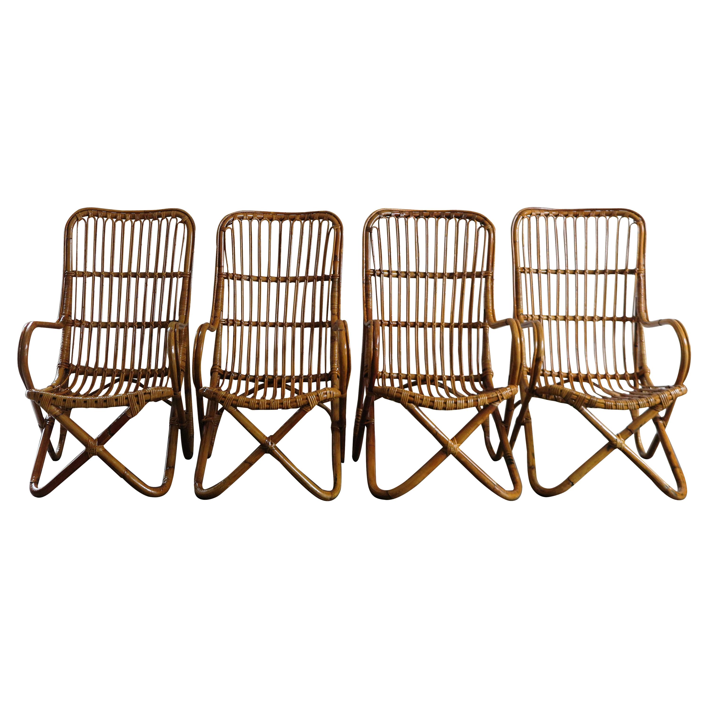 Rattan Bamboo Italian Armchairs, Tito Agnoli Bonacina Style, 1950s