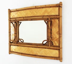 Italian Mid-century Rattan Bamboo Wall Mirror / Wall Coat Rack, 1960s