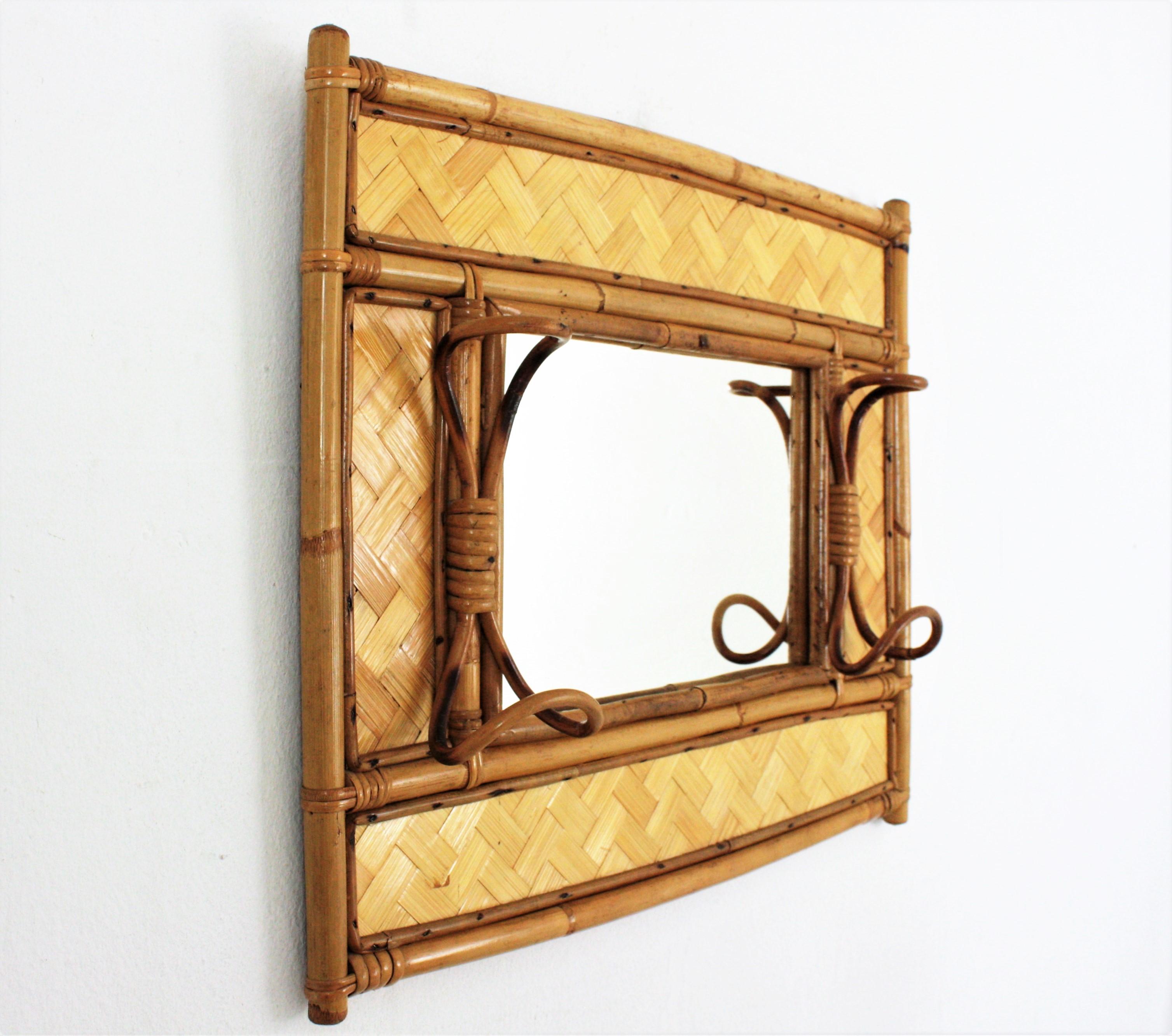 Mid-Century Modern Italian Mid-century Rattan Bamboo Wall Mirror / Wall Coat Rack, 1960s For Sale
