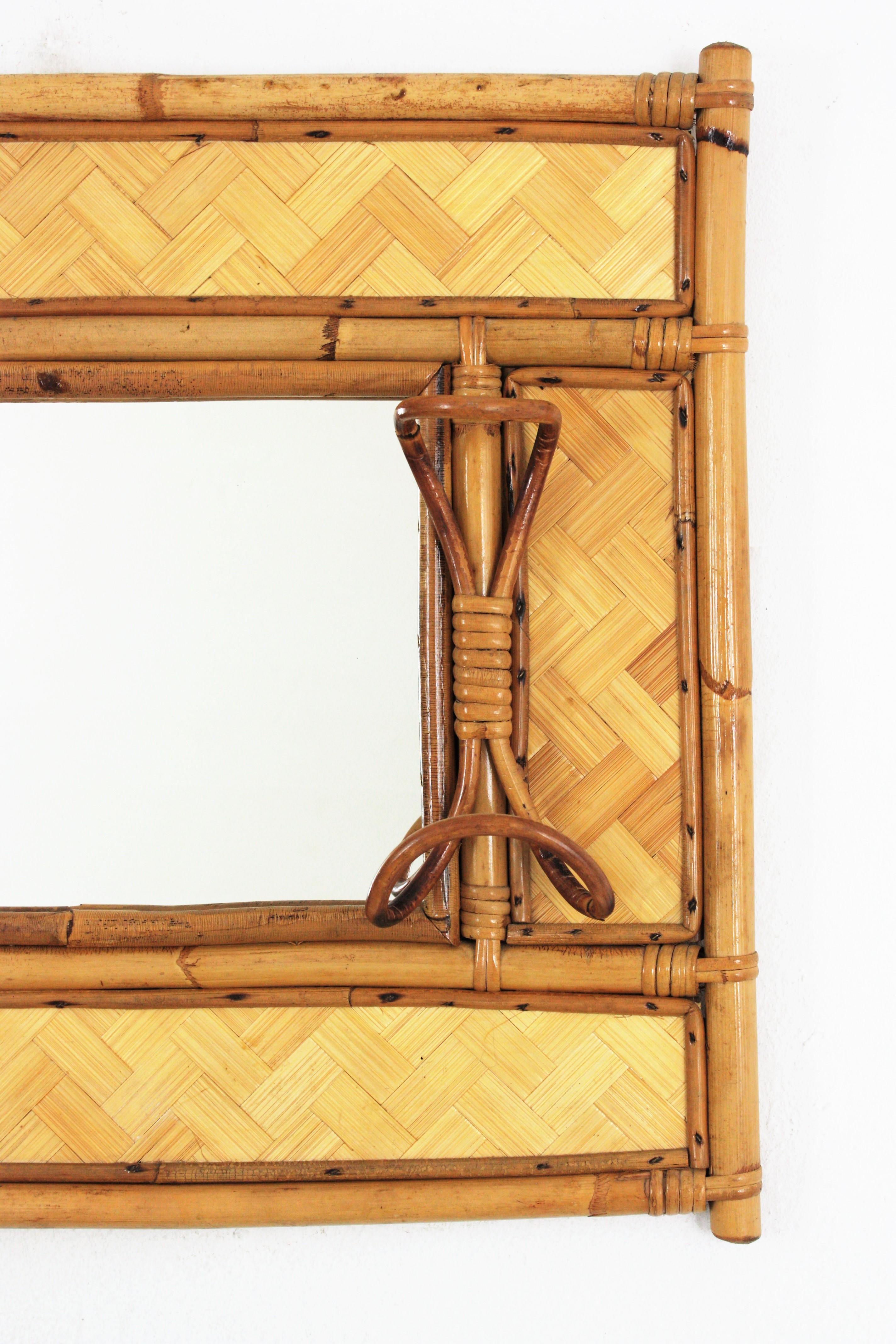 20th Century Italian Mid-century Rattan Bamboo Wall Mirror / Wall Coat Rack, 1960s For Sale