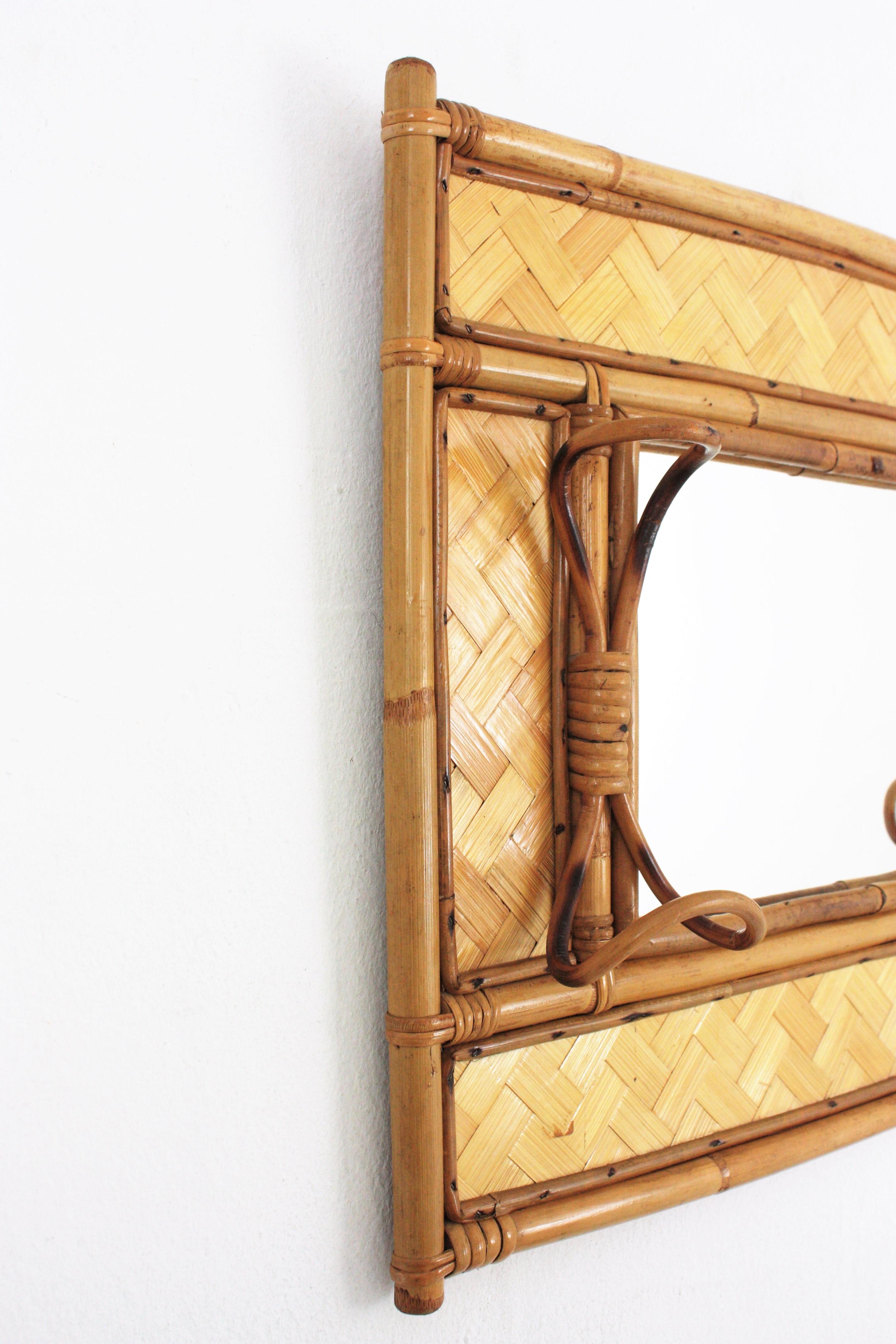 Italian Mid-century Rattan Bamboo Wall Mirror / Wall Coat Rack, 1960s For Sale 1