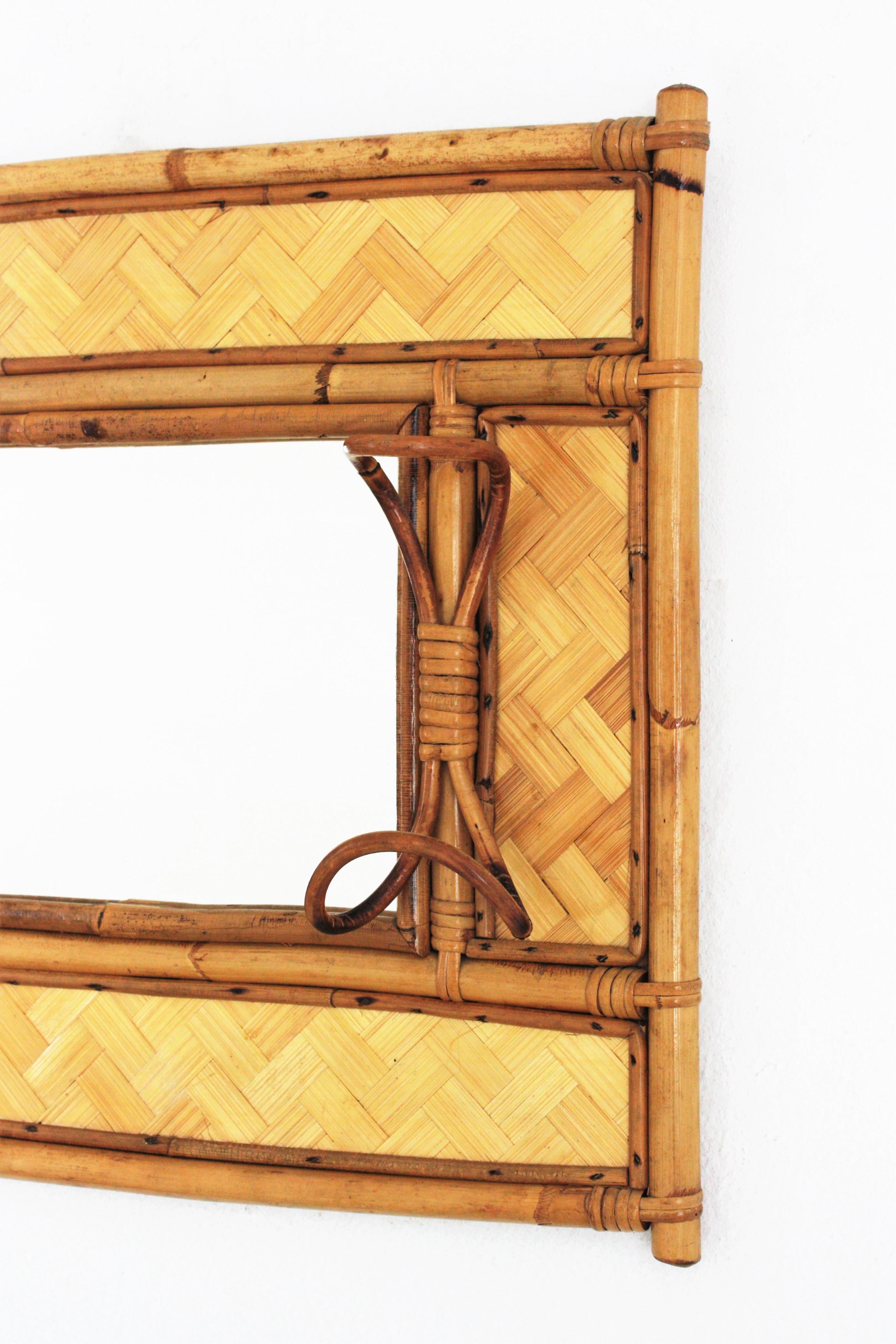 Italian Mid-century Rattan Bamboo Wall Mirror / Wall Coat Rack, 1960s For Sale 2