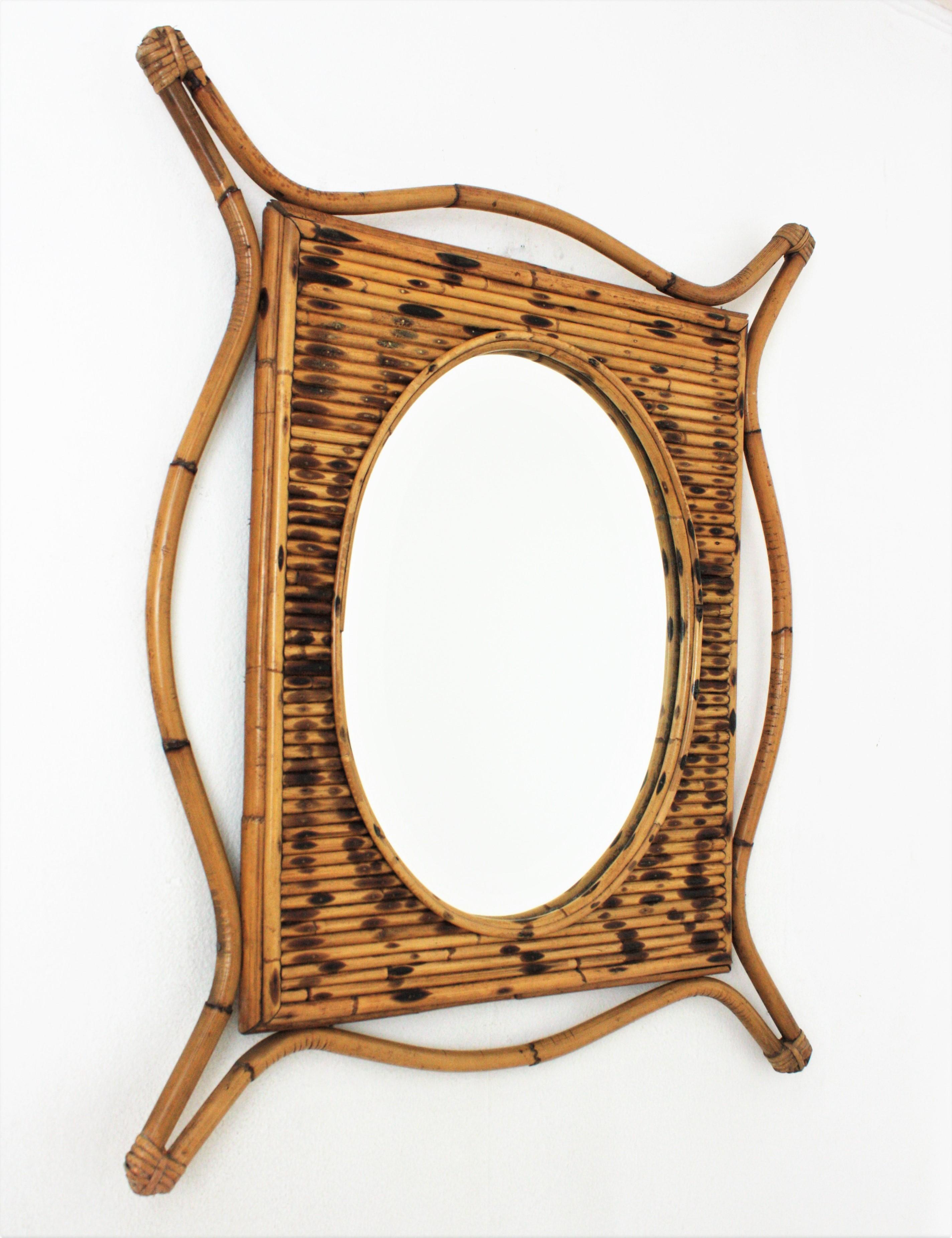 Mid-Century Modern Rattan Bamboo Large Mirror with Split Reed Details, Spain, 1960s0s For Sale