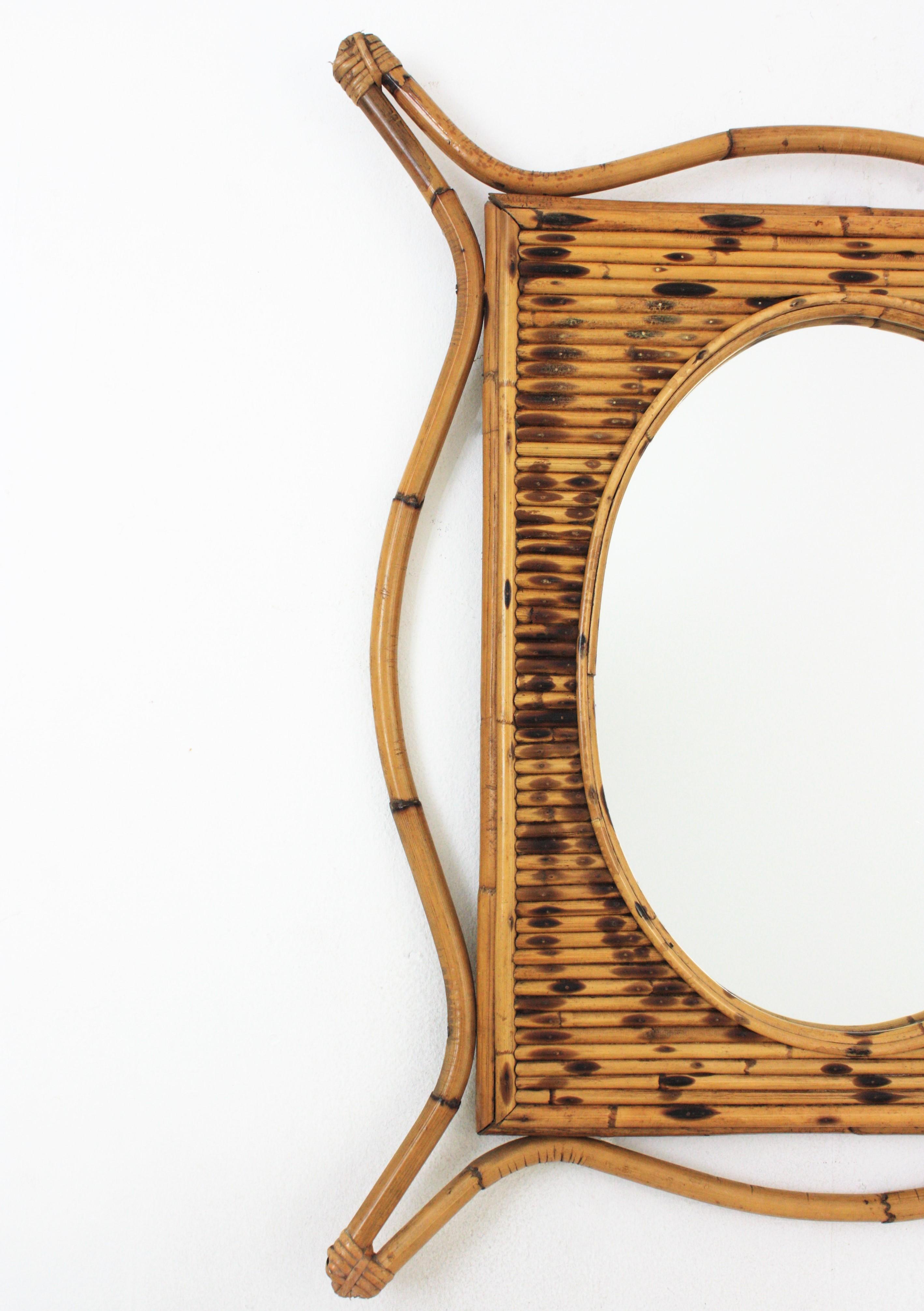 Spanish Rattan Bamboo Large Mirror with Split Reed Details, Spain, 1960s0s For Sale