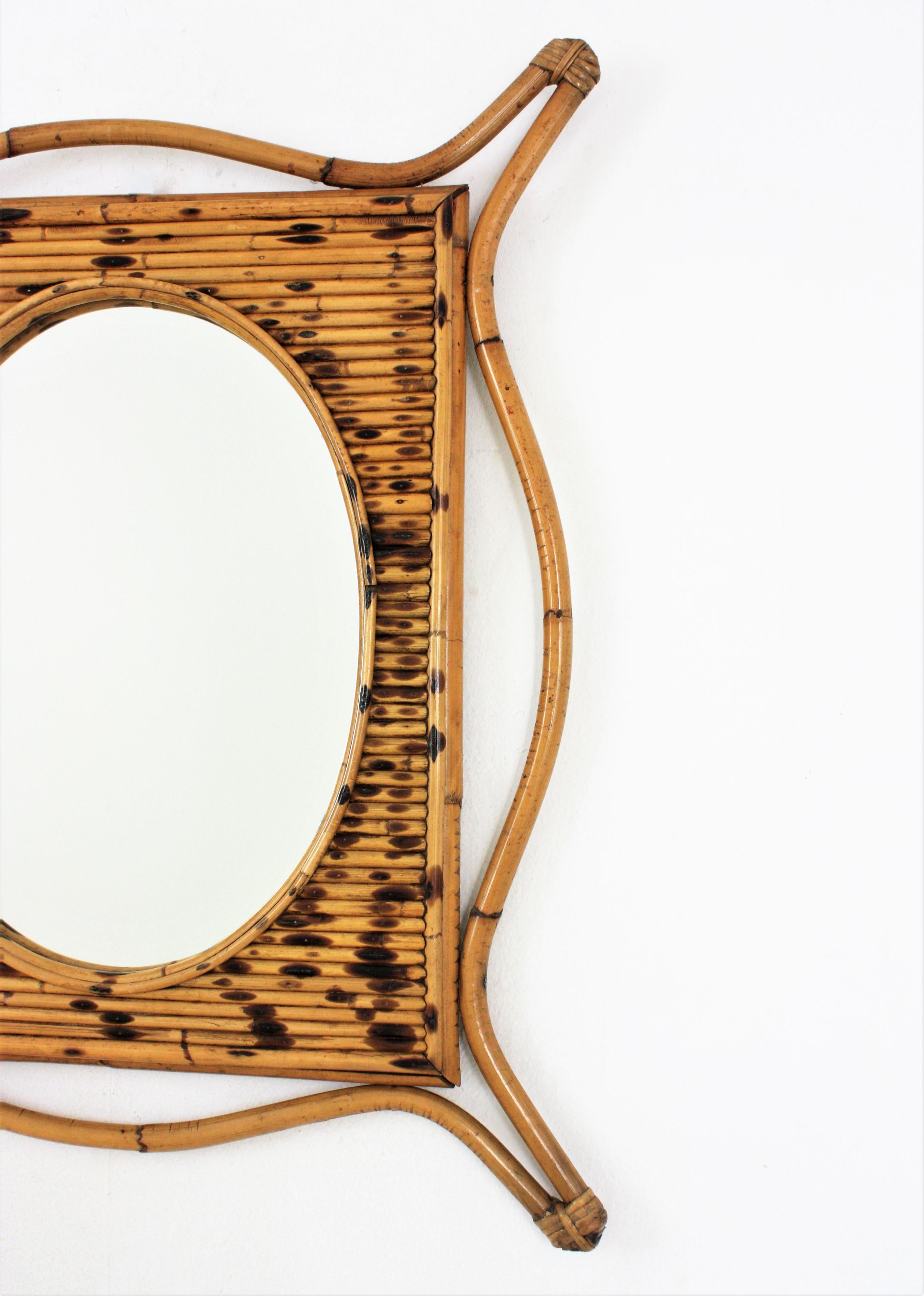 Hand-Crafted Rattan Bamboo Large Mirror with Split Reed Details, Spain, 1960s0s For Sale