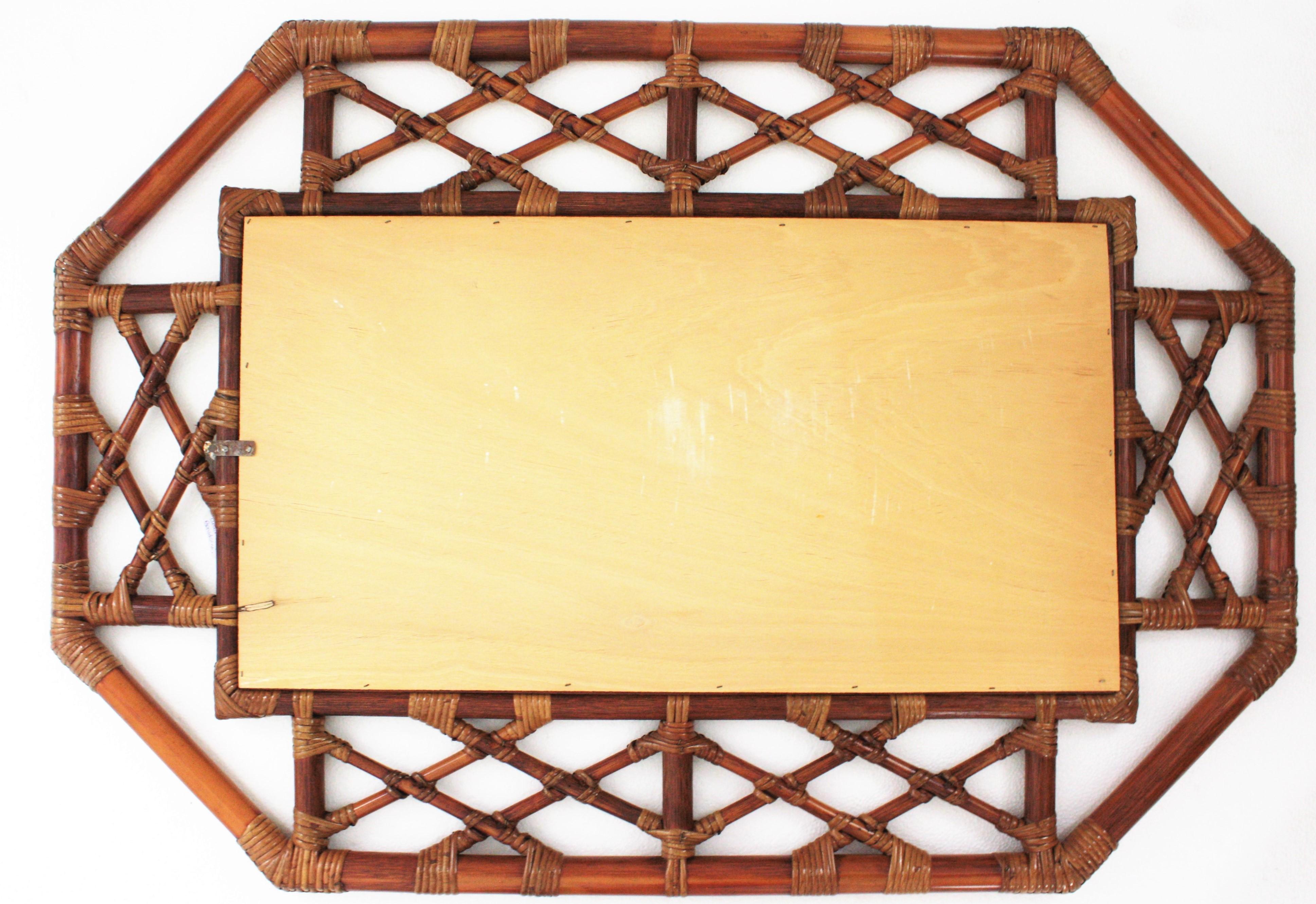 Spanish Large Rattan Bamboo Octagonal Wall Mirror For Sale 2