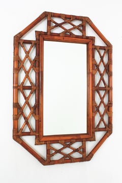 Spanish Large Rattan Bamboo Octagonal Wall Mirror, 1960