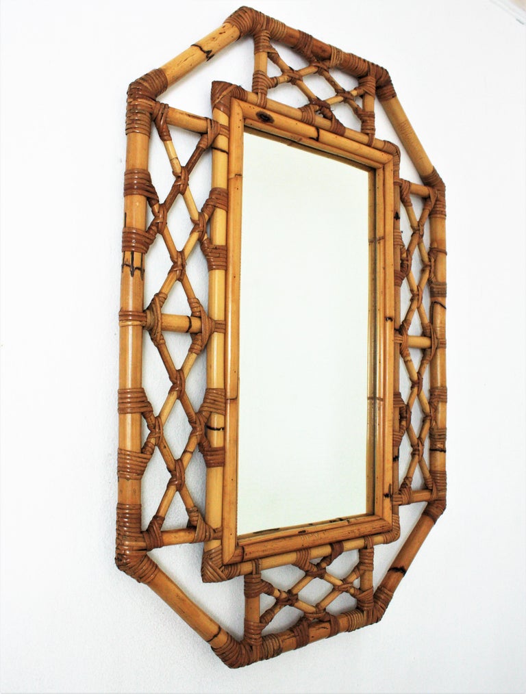 Rattan Bamboo Large Octagonal Wall Mirror, 1960s at 1stDibs