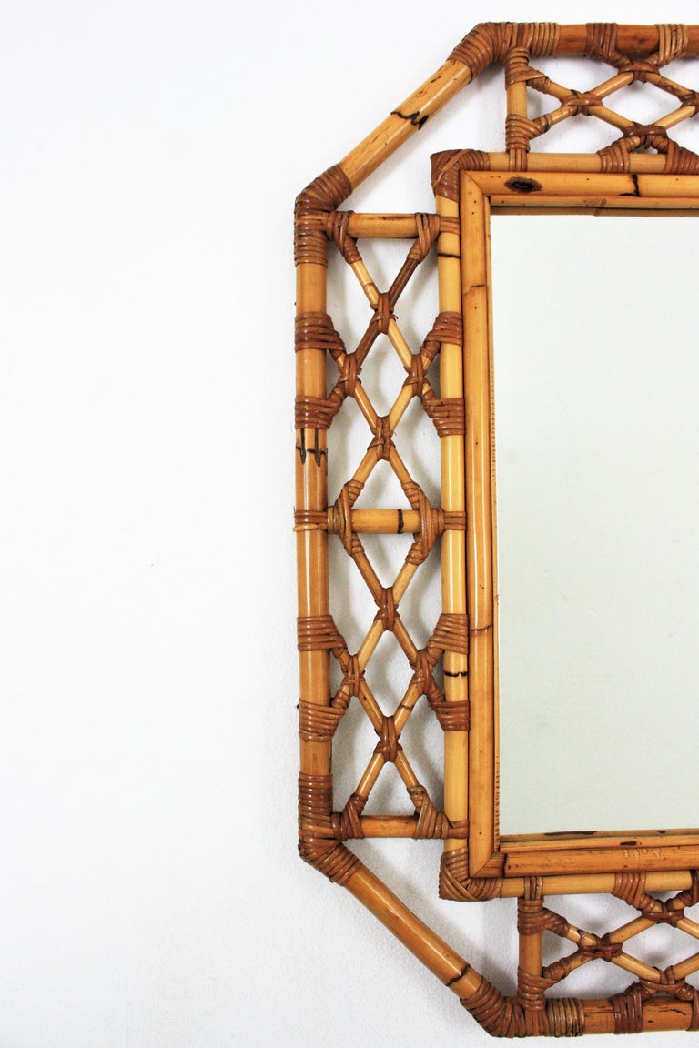 Rattan Bamboo Large Octagonal Wall Mirror, 1960s at 1stDibs