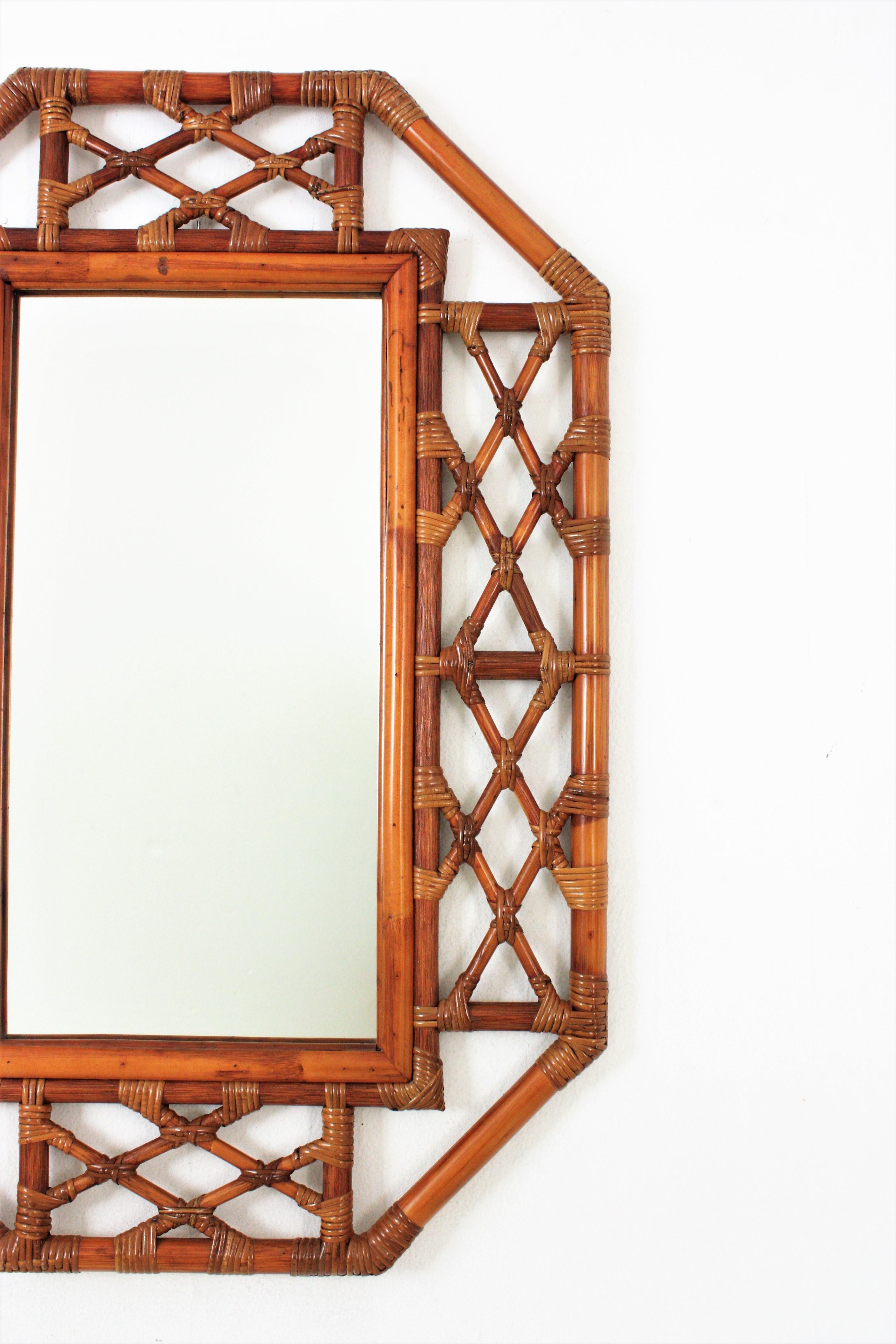 Mid-Century Modern Spanish Large Rattan Bamboo Octagonal Wall Mirror For Sale