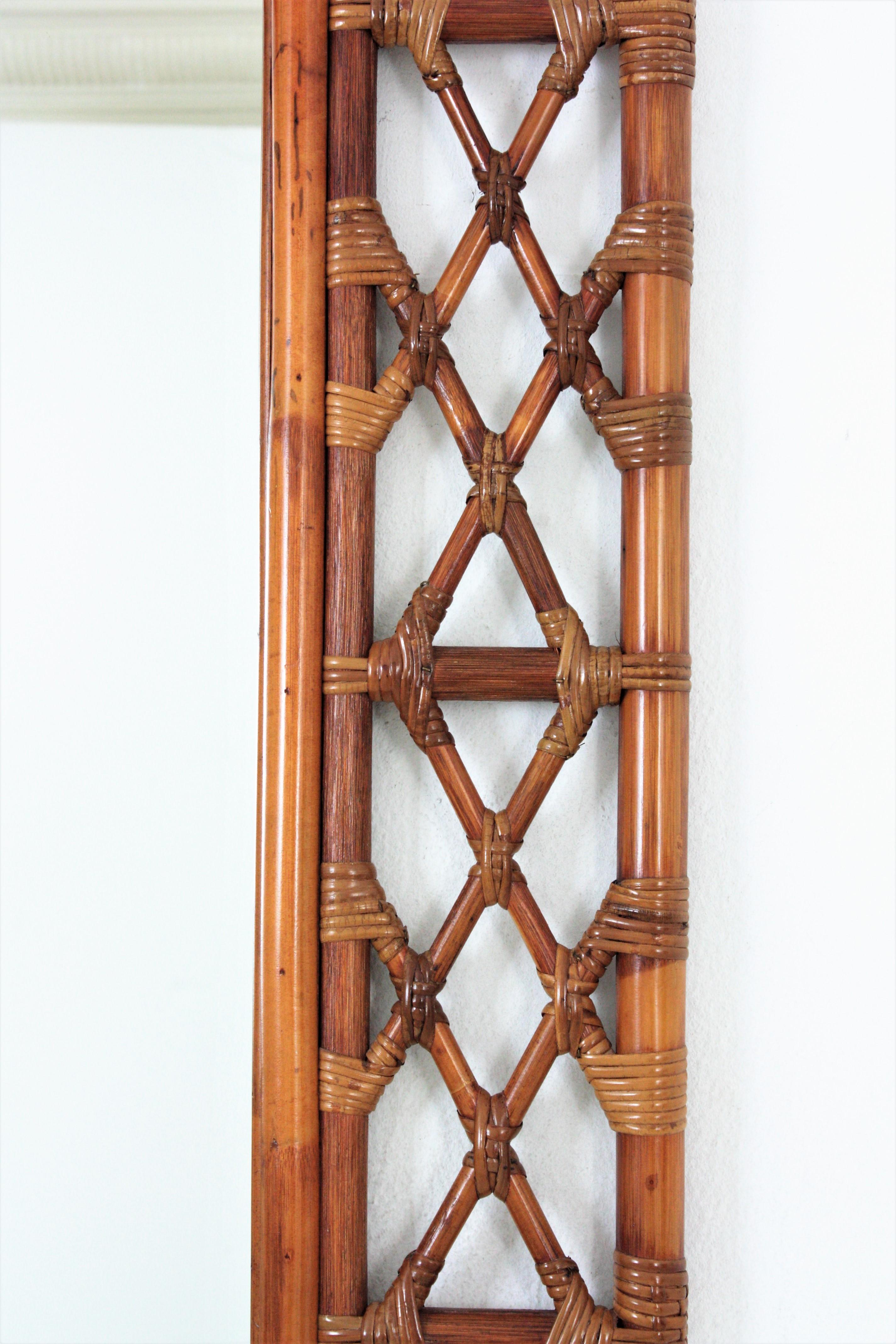 Hand-Crafted Spanish Large Rattan Bamboo Octagonal Wall Mirror For Sale