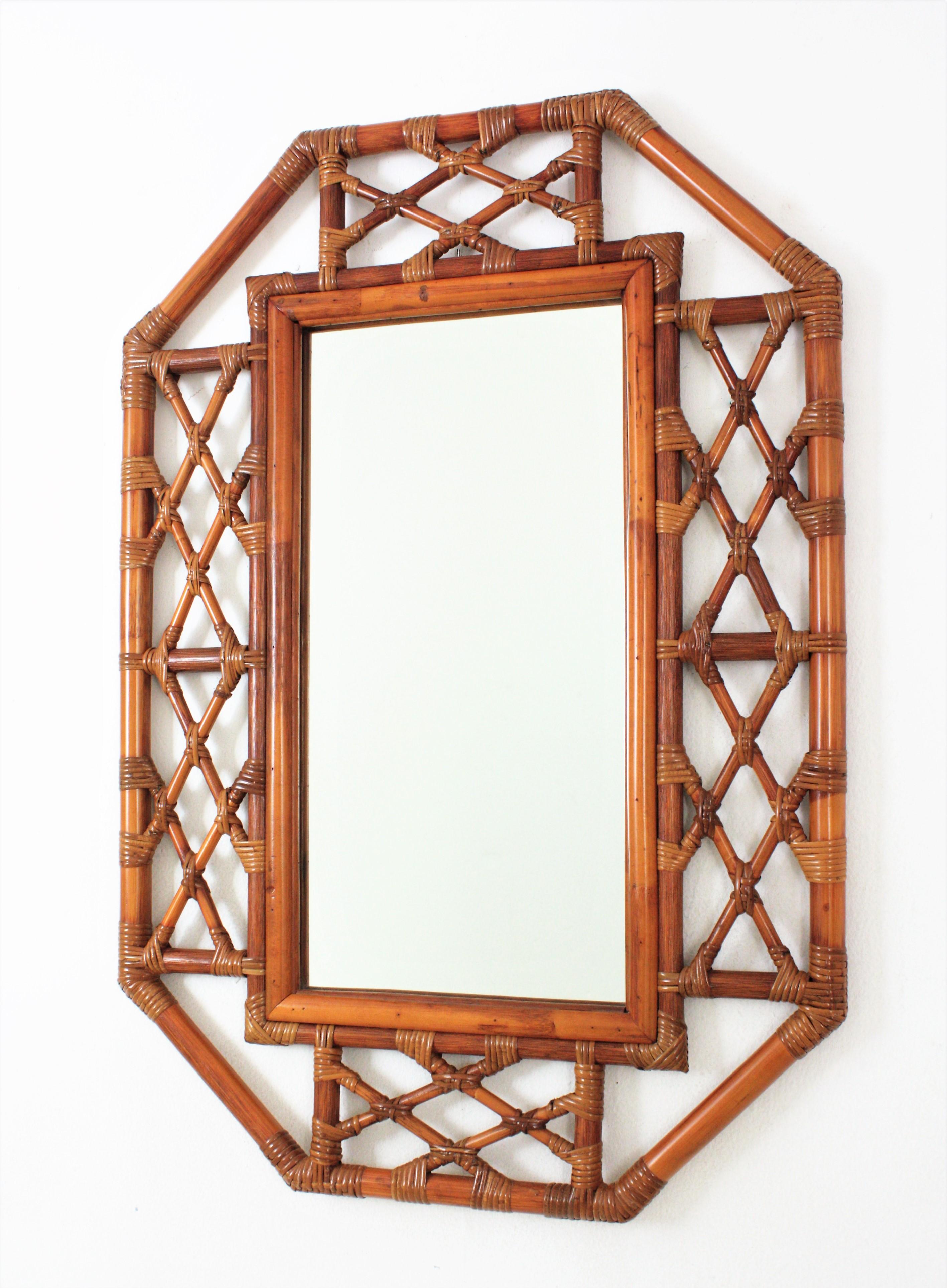 20th Century Spanish Large Rattan Bamboo Octagonal Wall Mirror For Sale
