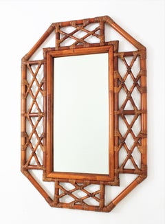 Octagonal Wall Mirror in Rattan Bamboo and Geometric Frame, Spain 1960s