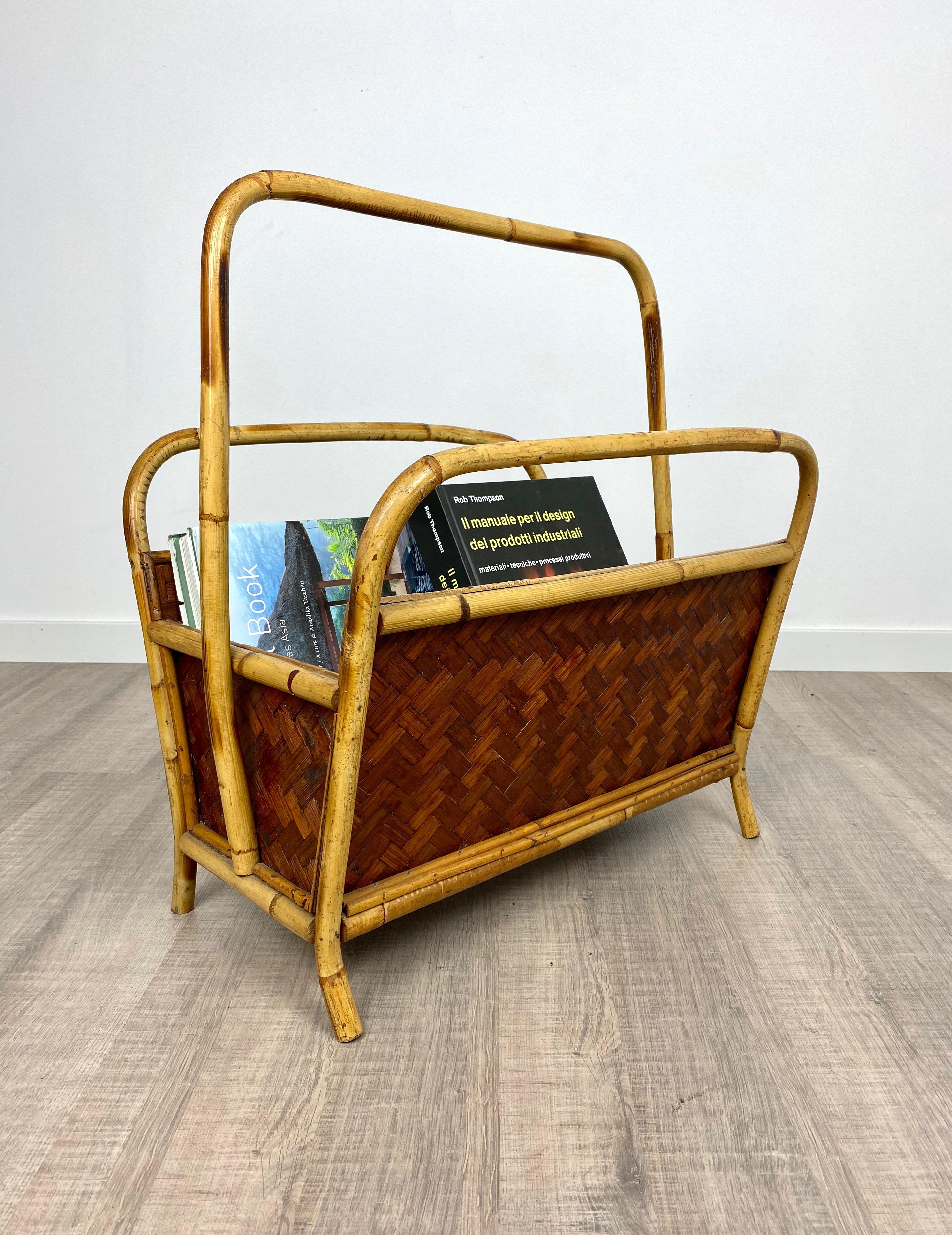 Mid-20th Century Rattan and Bamboo Magazine Rack Italy 1960s Franco Albini Style For Sale