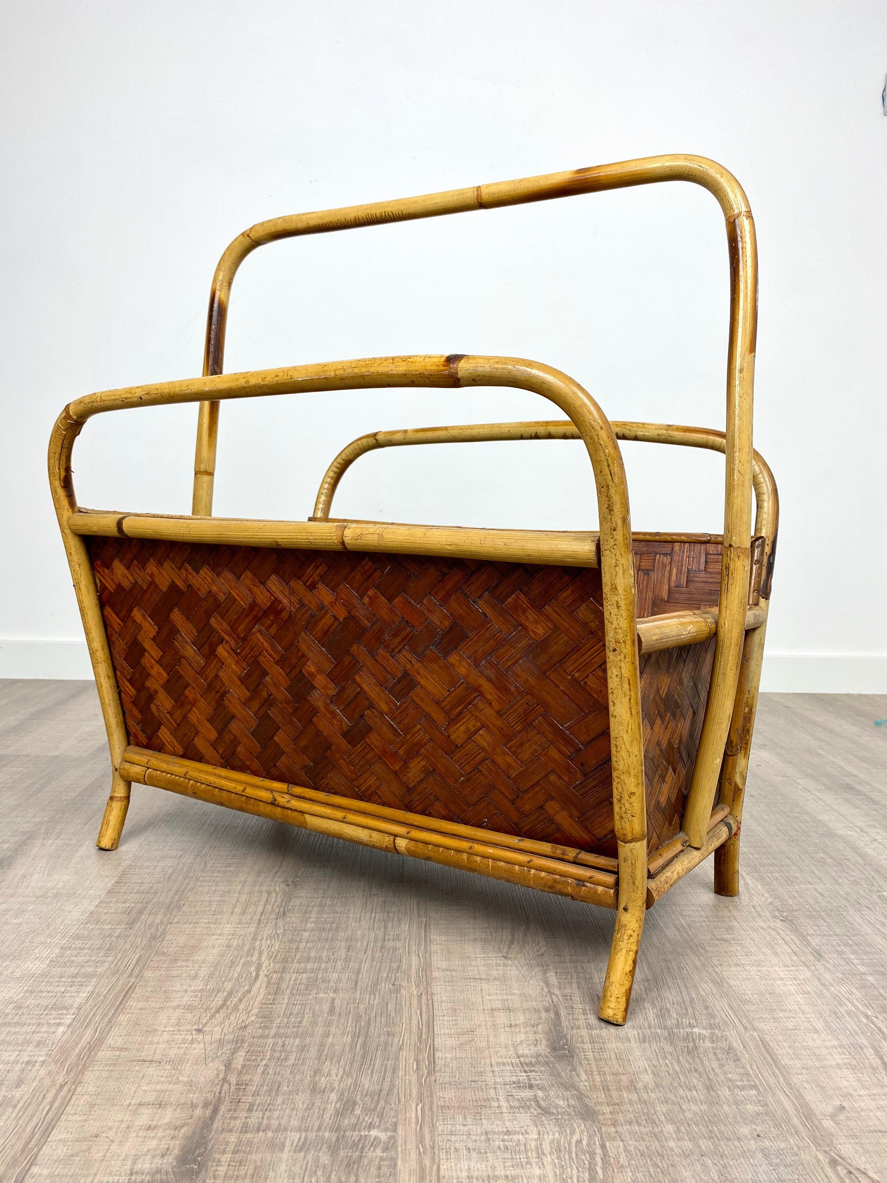 Rattan and Bamboo Magazine Rack Italy 1960s Franco Albini Style For Sale 1