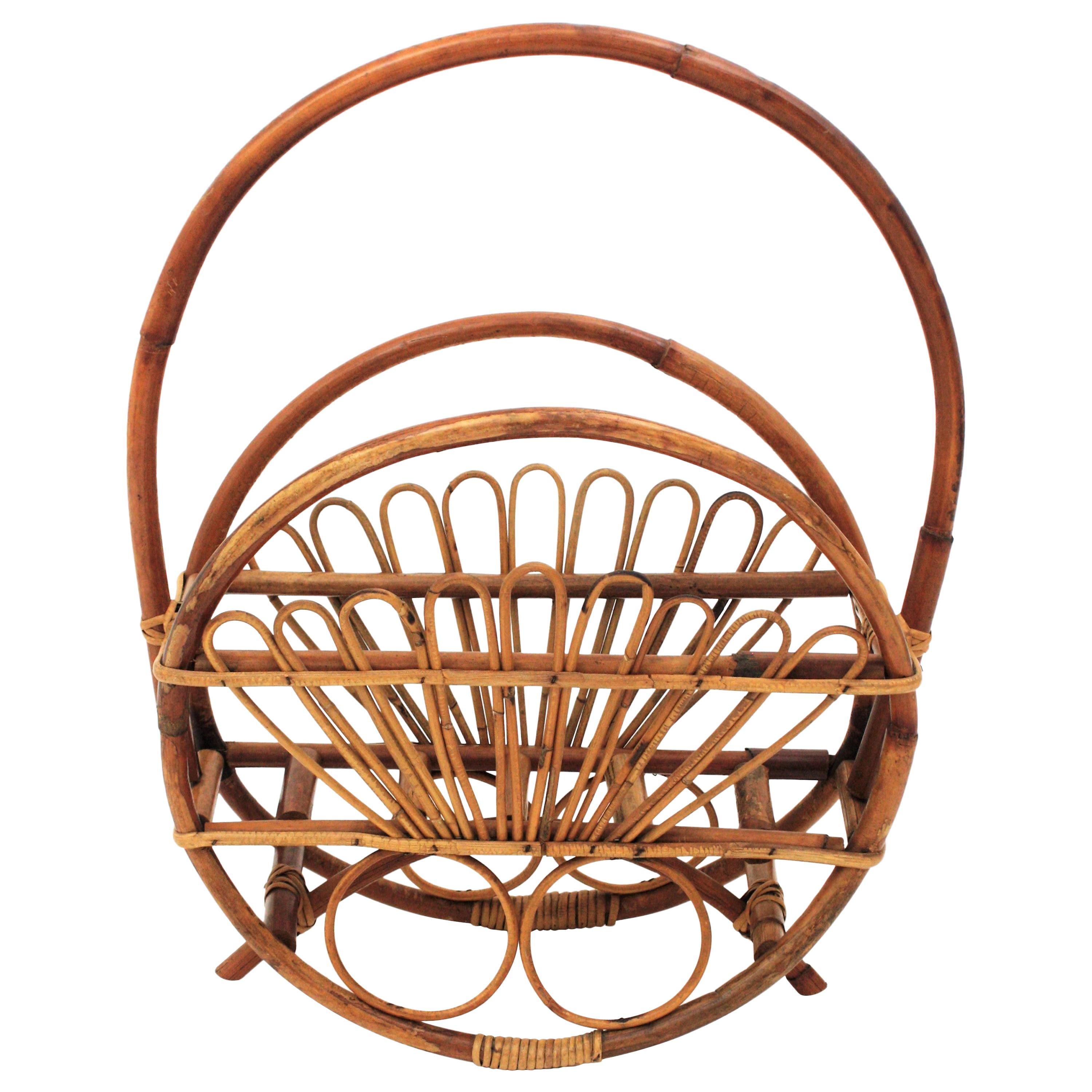 Italian Rattan Bamboo Magazine Rack Stand For Sale