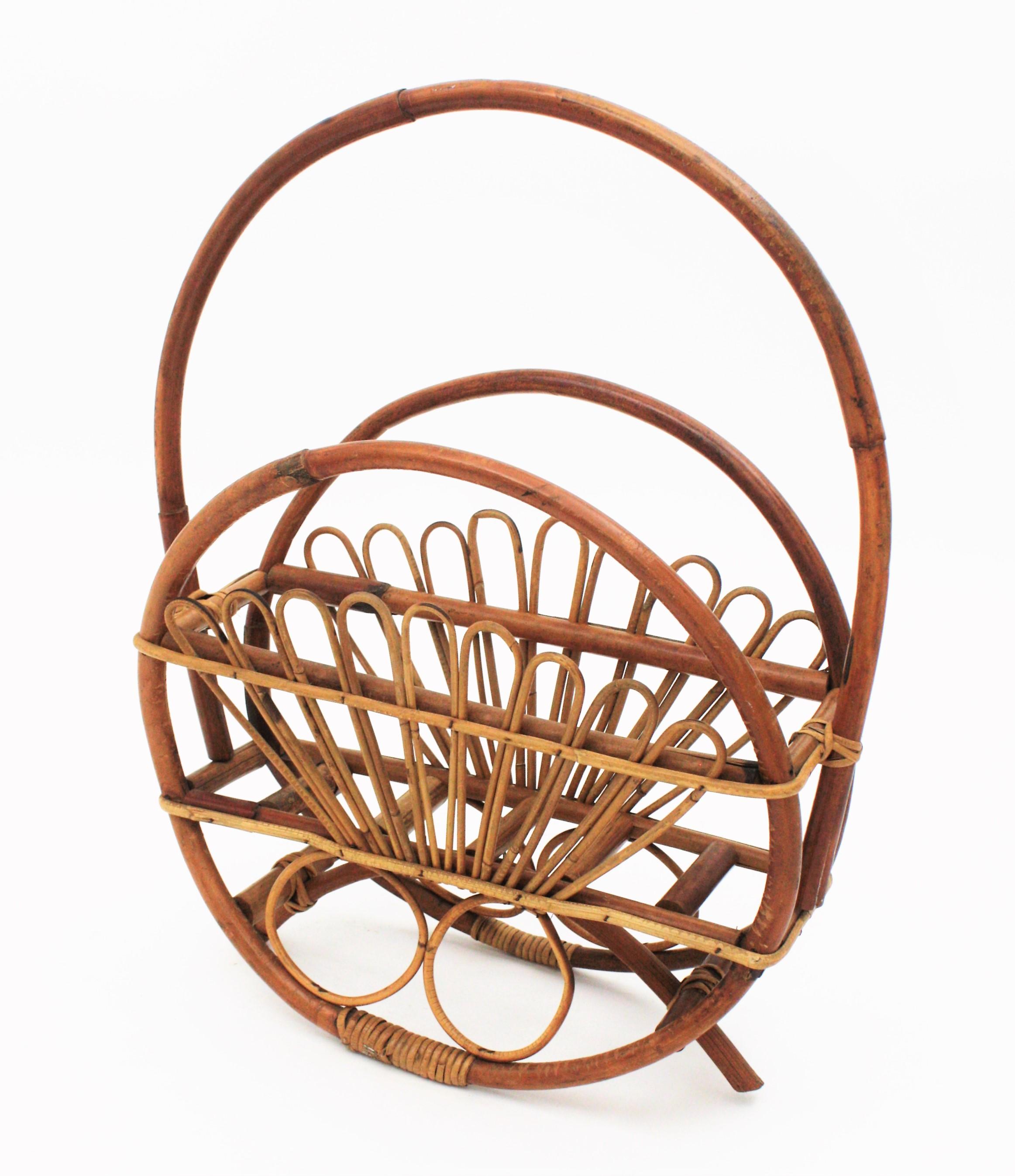 20th Century Rattan Bamboo Magazine Rack Stand For Sale